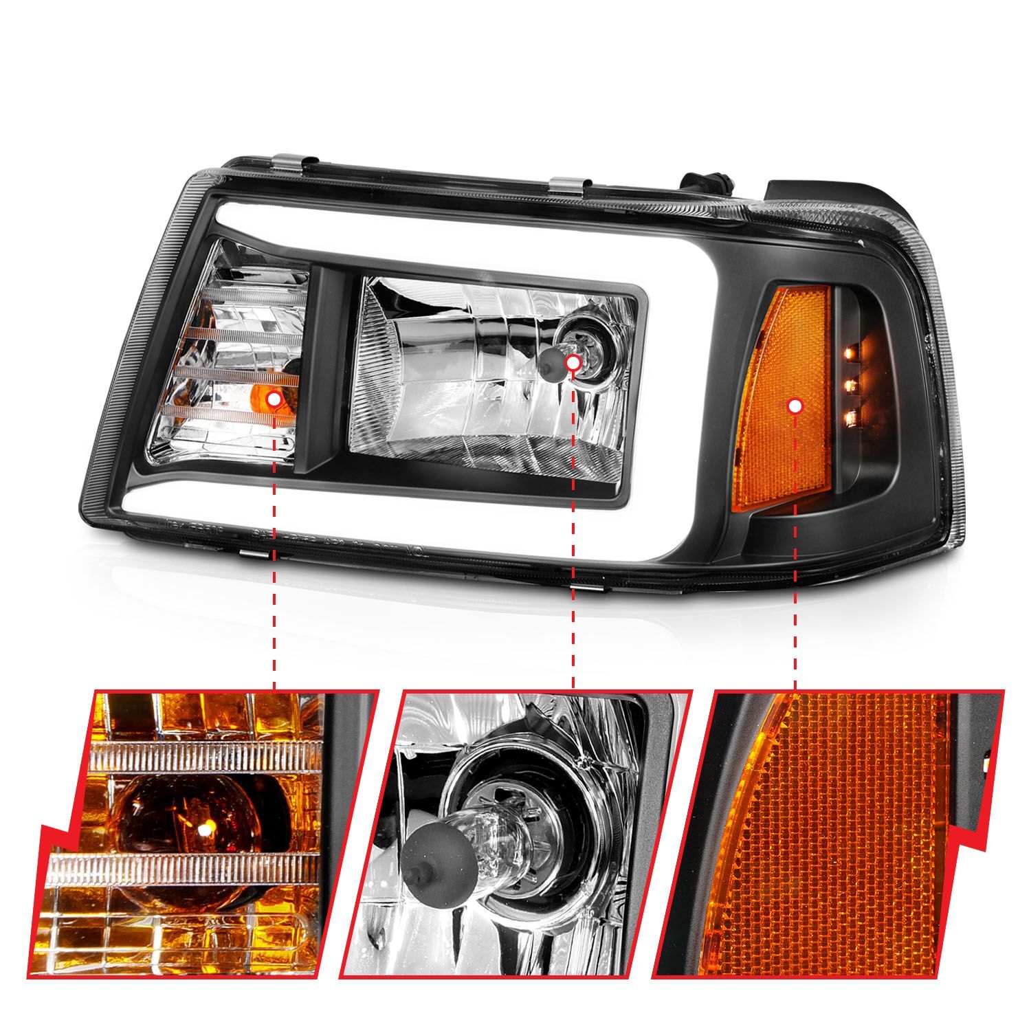 2001-2011 Ford Ranger Anzo Crystal Headlights W/ Light Bar Black Housing