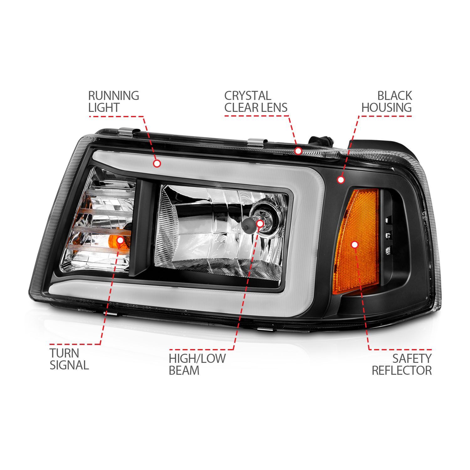 2001-2011 Ford Ranger Anzo Crystal Headlights W/ Light Bar Black Housing