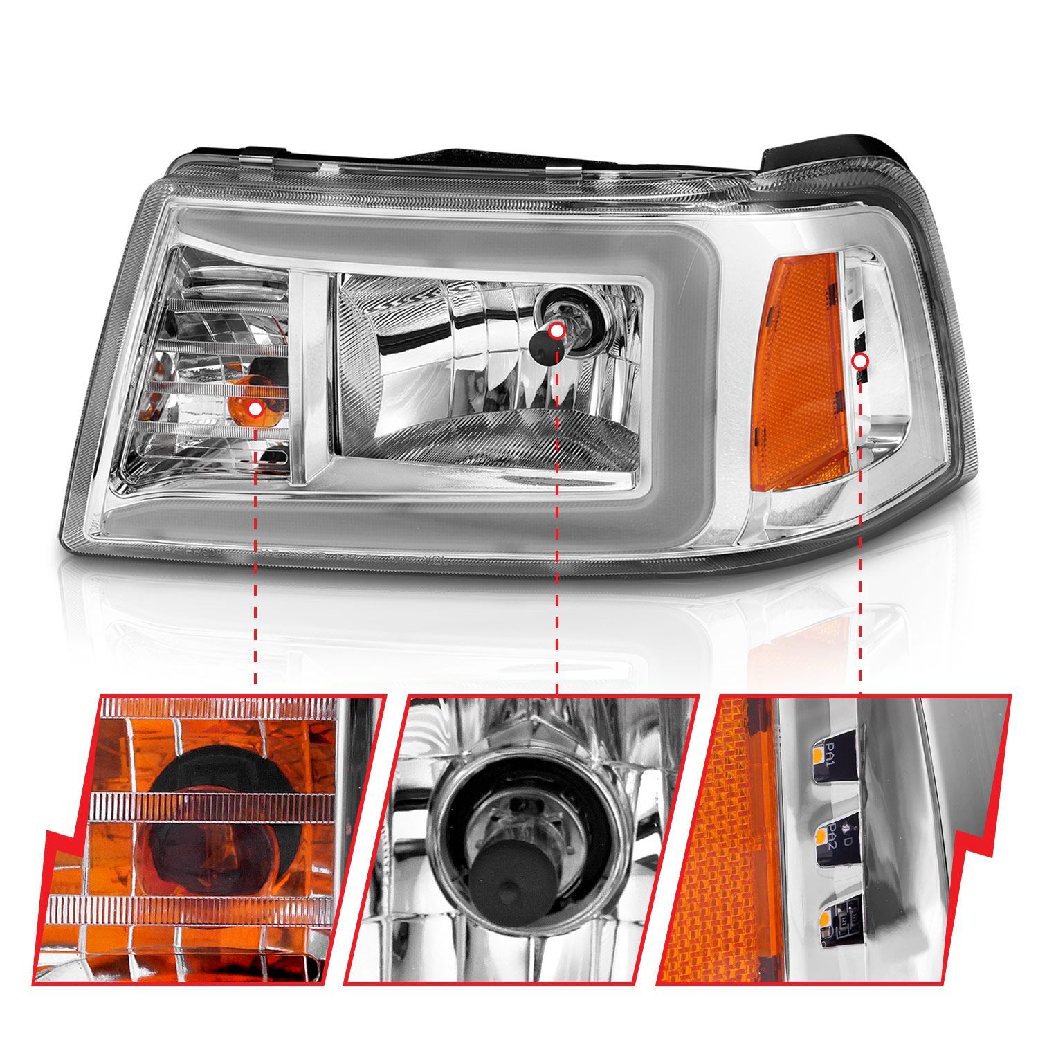 2001-2011 Ford Ranger Anzo Crystal Headlights W/ Light Bar Chrome Housing