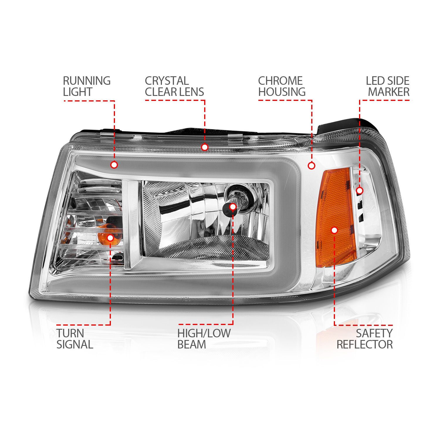 2001-2011 Ford Ranger Anzo Crystal Headlights W/ Light Bar Chrome Housing