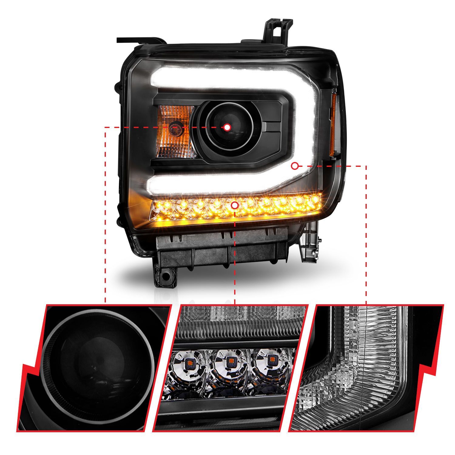 2015-2016 GMC Sierra 1500/2500 HD/3500 HD Anzo Projector Headlights W/ Light Bar Black Housing (Halogen Type)