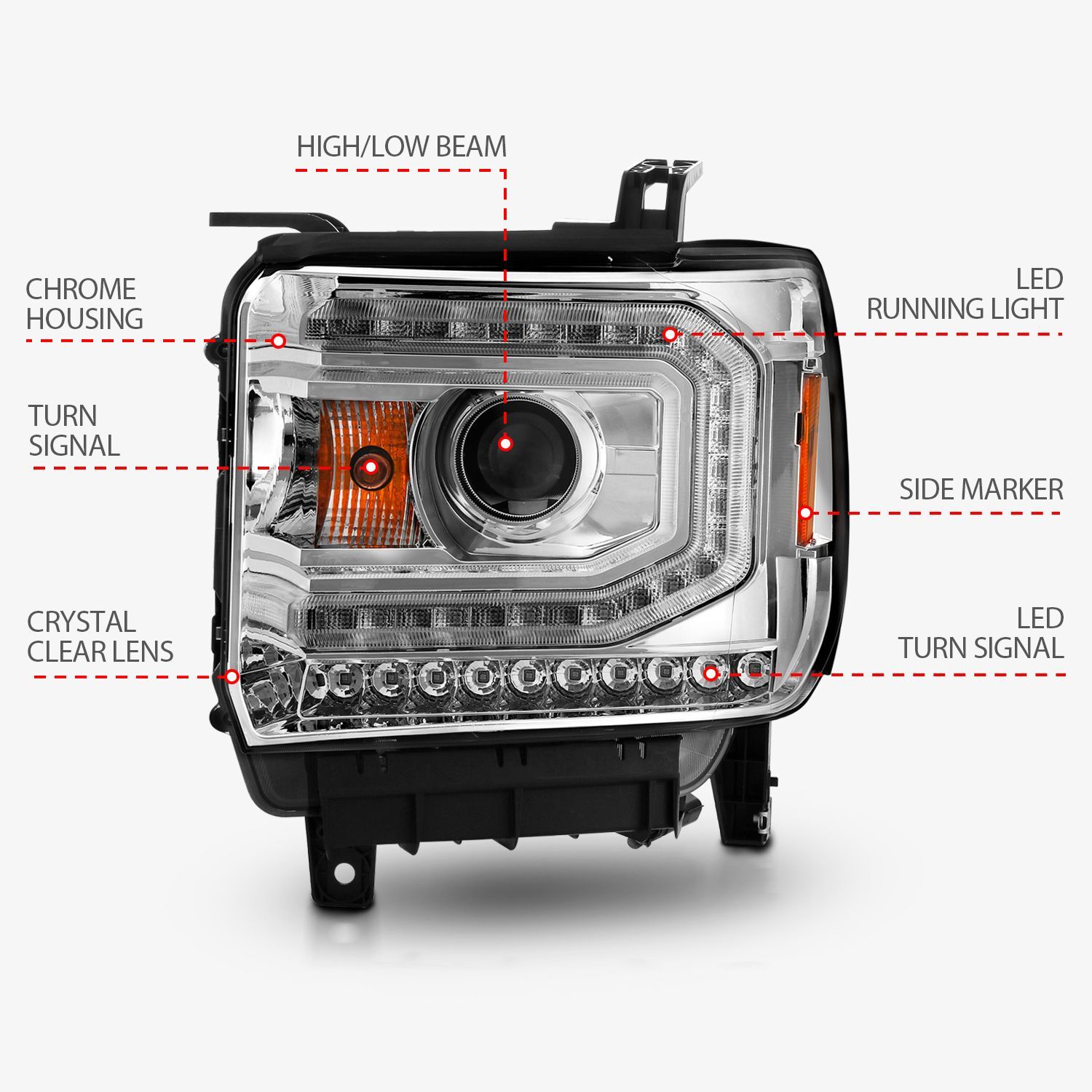 2015-2016 GMC Sierra 1500/2500 HD/3500 HD Anzo Projector Headlights W/ Light Bar Chrome Housing (Halogen Type)