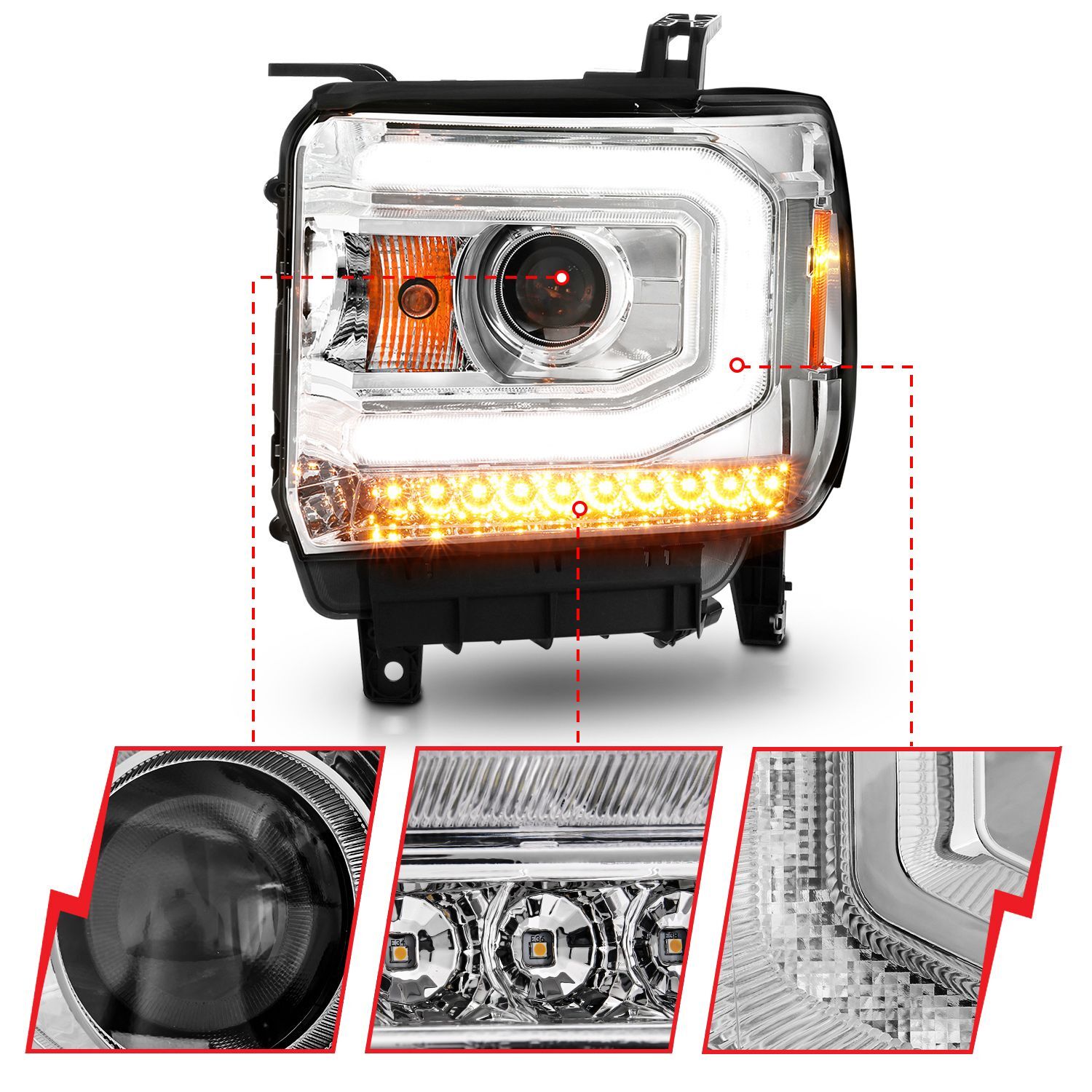 2015-2016 GMC Sierra 1500/2500 HD/3500 HD Anzo Projector Headlights W/ Light Bar Chrome Housing (Halogen Type)