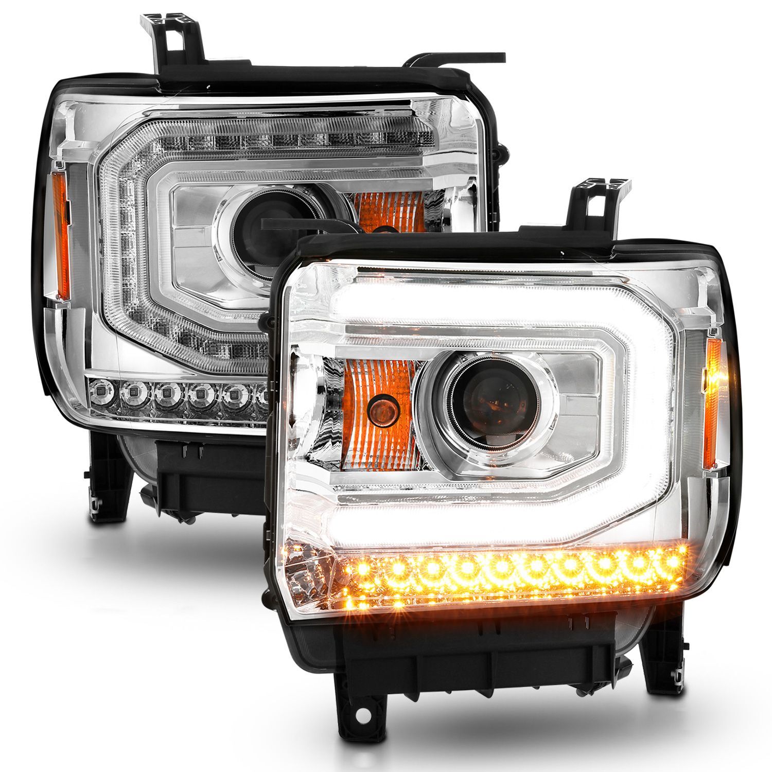2015-2016 GMC Sierra 1500/2500 HD/3500 HD Anzo Projector Headlights W/ Light Bar Chrome Housing (Halogen Type) - 111514