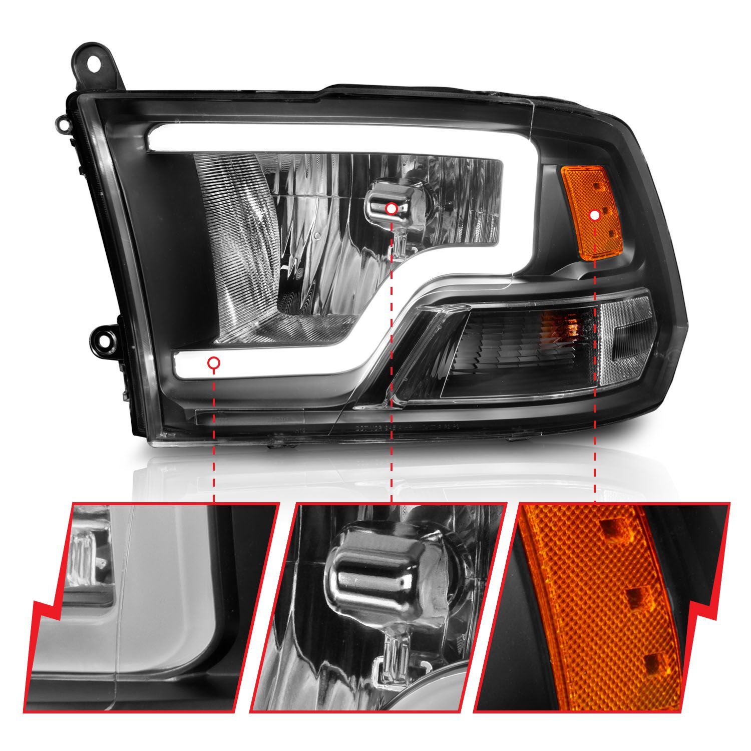 2009-2018 Dodge Ram 1500/2500/3500 Anzo Crystal Headlights W/ Light Bar Black Housing