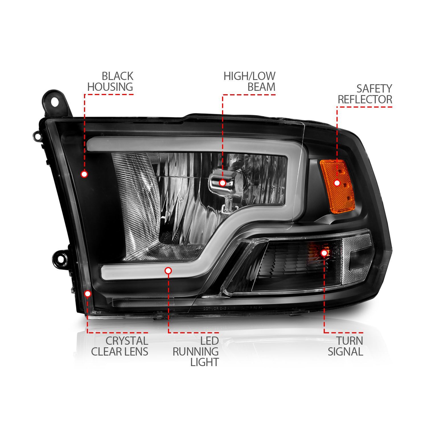 2009-2018 Dodge Ram 1500/2500/3500 Anzo Crystal Headlights W/ Light Bar Black Housing