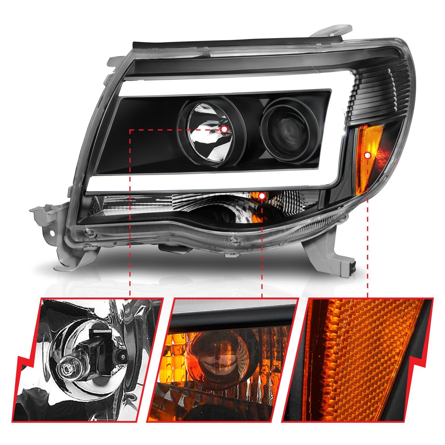 2005-2011 Toyota Tacoma Anzo Projector Headlights W/ Light Bar Black Housing