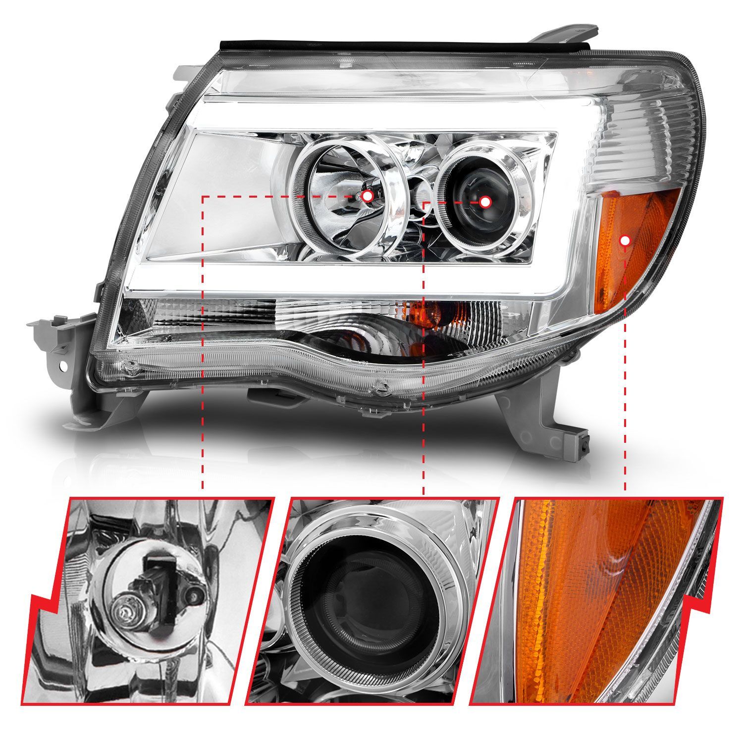 2005-2011 Toyota Tacoma Anzo Projector Headlights W/ Light Bar Chrome Housing