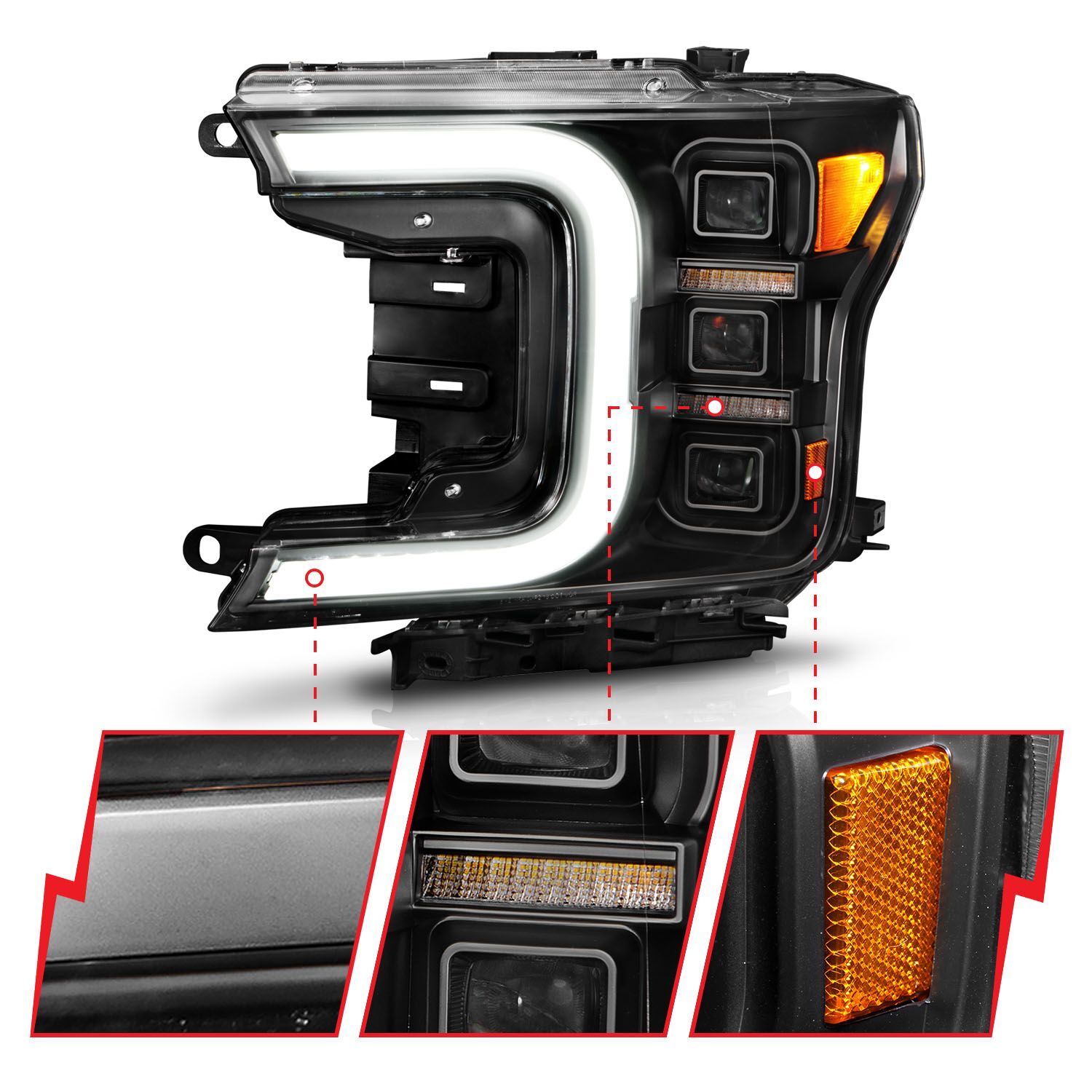 2018-2020 Ford F-150 Anzo Full LED Projector Headlight W/ Light Bar Sequential Signal Black Housing