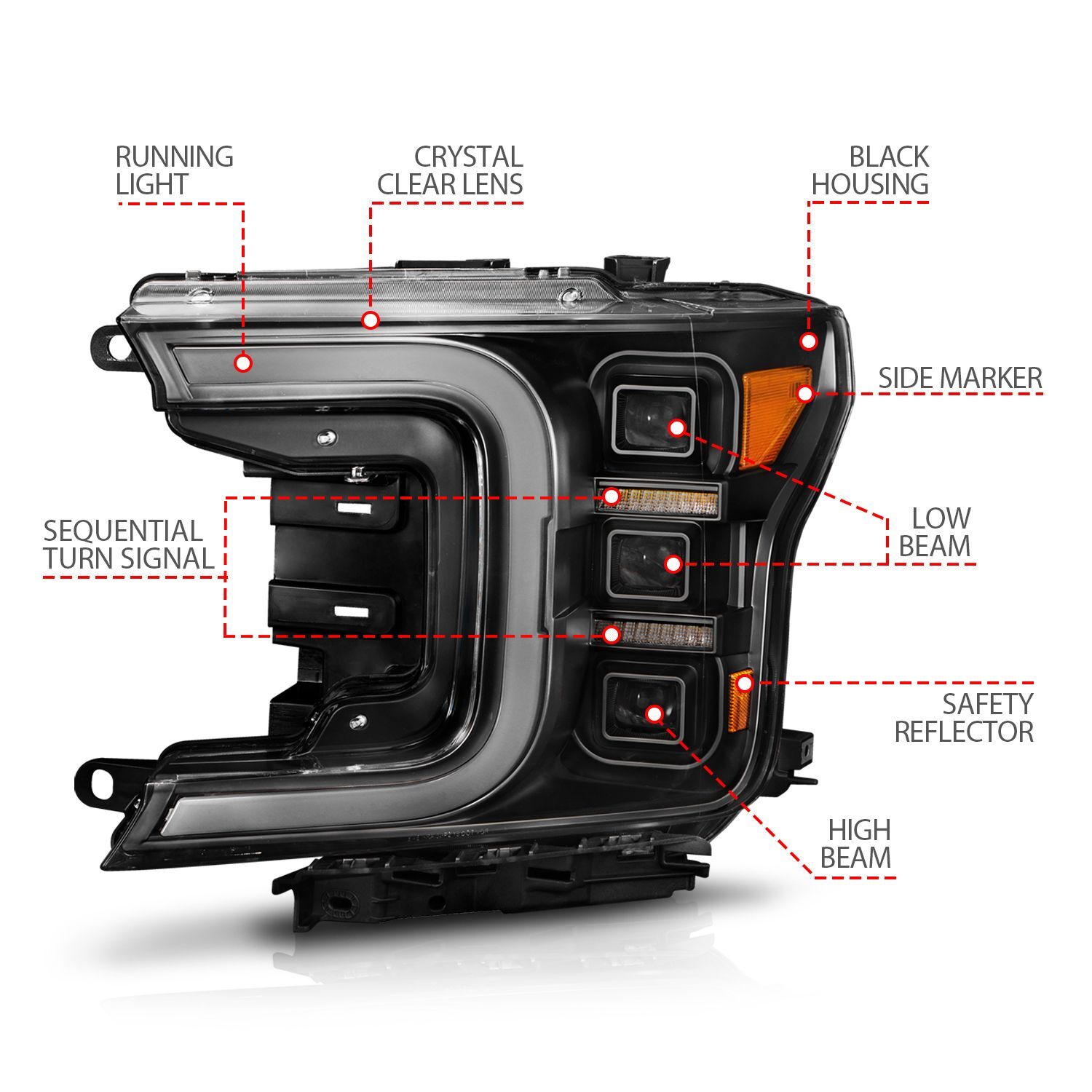 2018-2020 Ford F-150 Anzo Full LED Projector Headlight W/ Light Bar Sequential Signal Black Housing