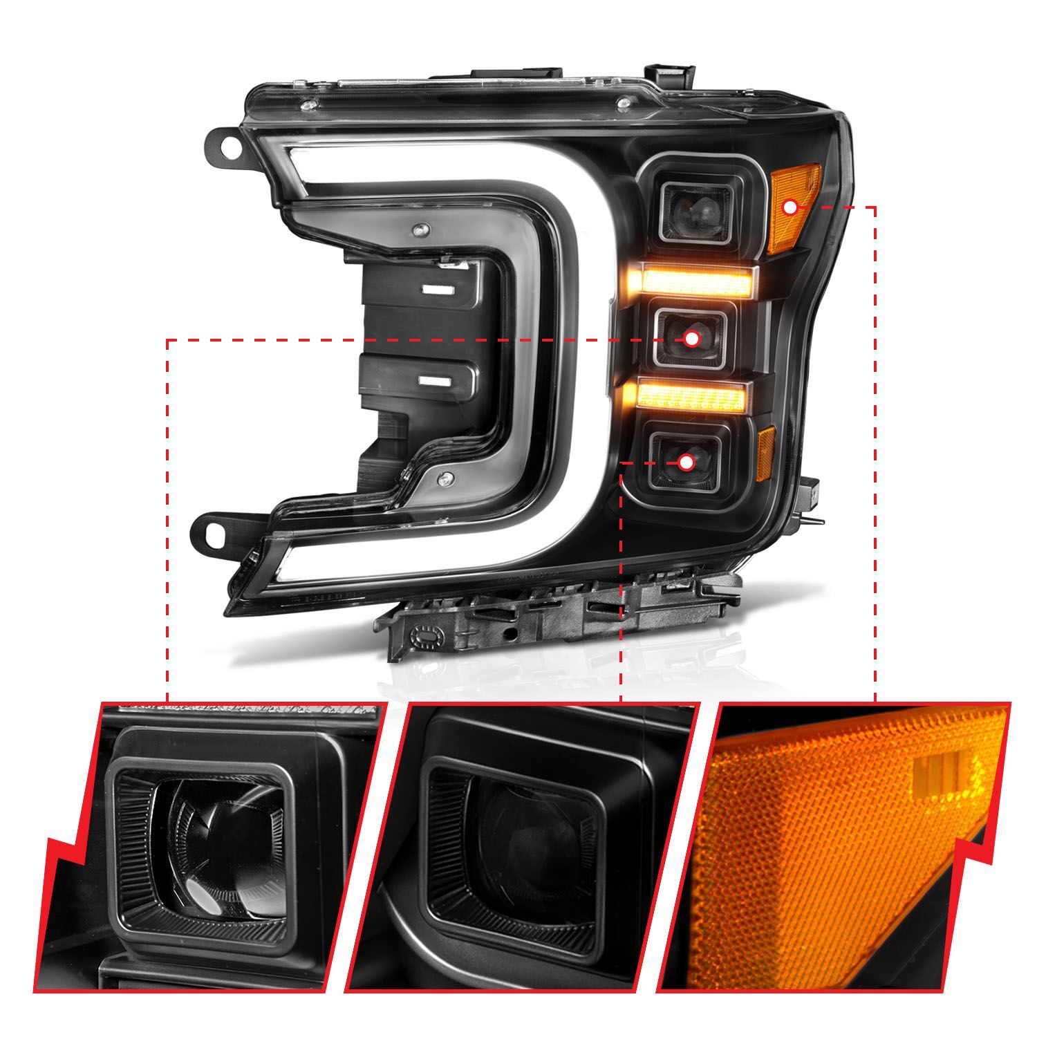 2018-2020 Ford F-150 Anzo Full LED Projector Headlight W/ Smoke Bar Sequential Signal Black Housing