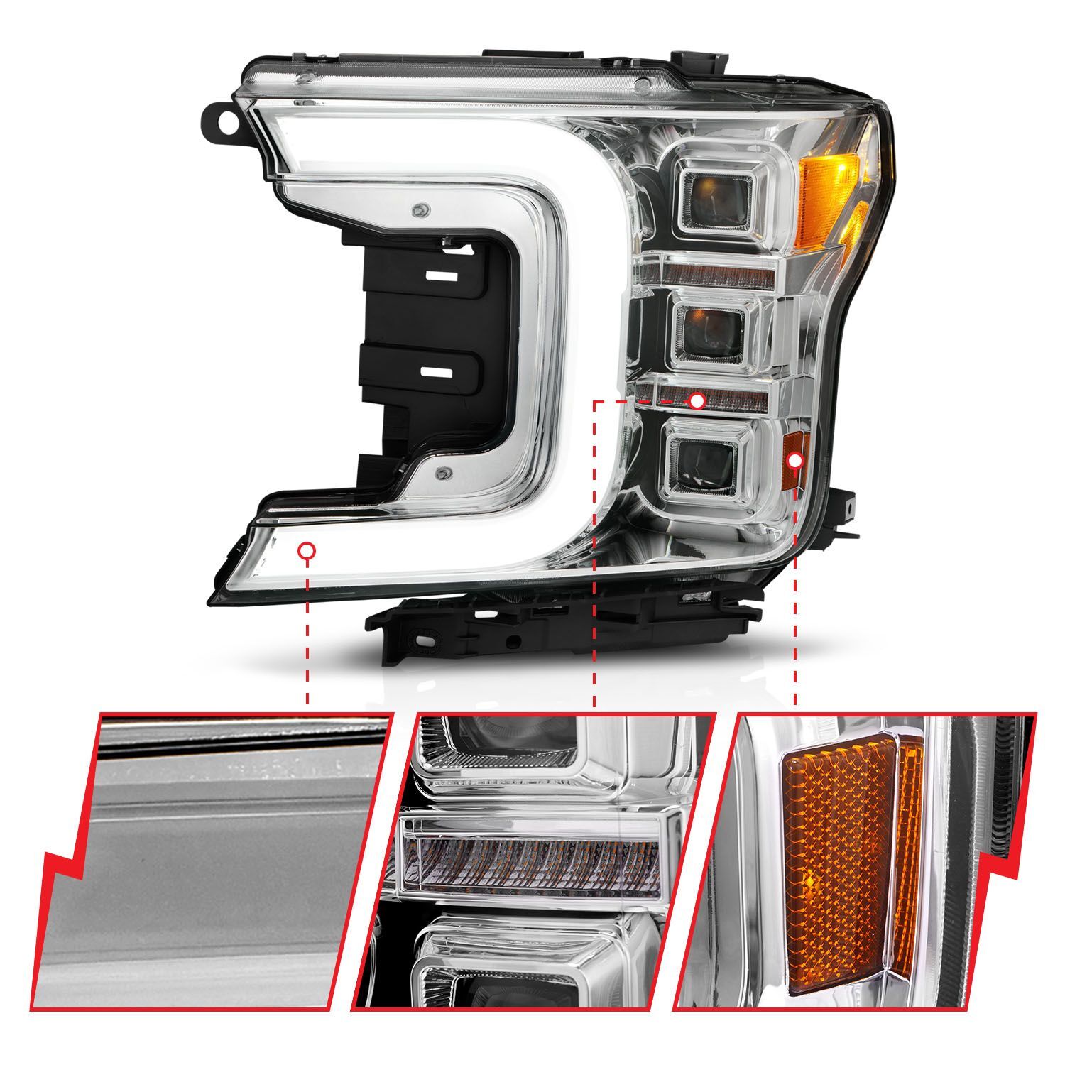 2018-2020 Ford F-150 Anzo Full LED Projector Headlight W/ Light Bar Sequential Signal Chrome Housing