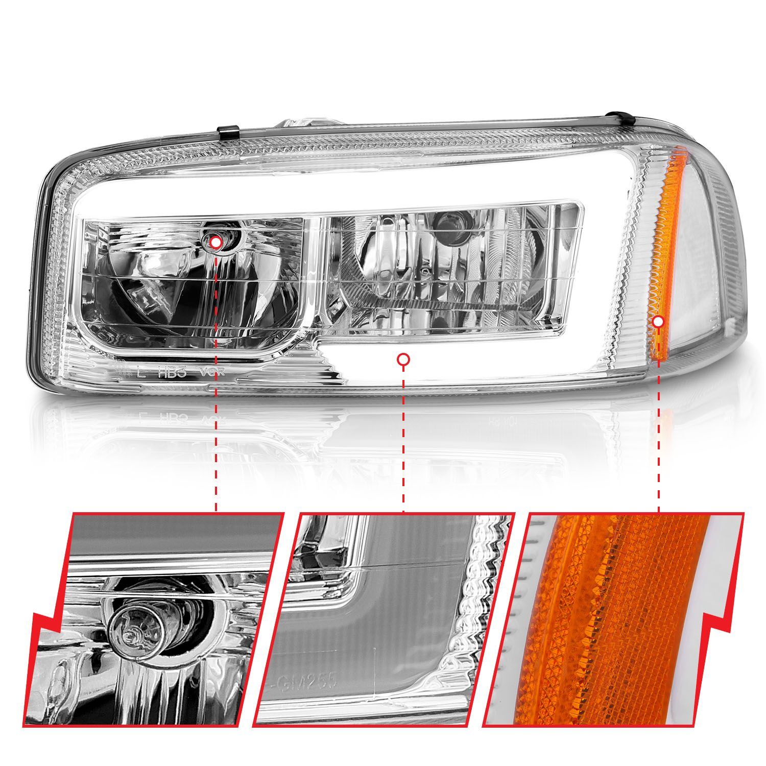 1999-2006 GMC Sierra/Sierra 1500/2500 HD/3500 HD/Yukon Anzo Projector Headlights W/ Light Bar Chrome Housing
