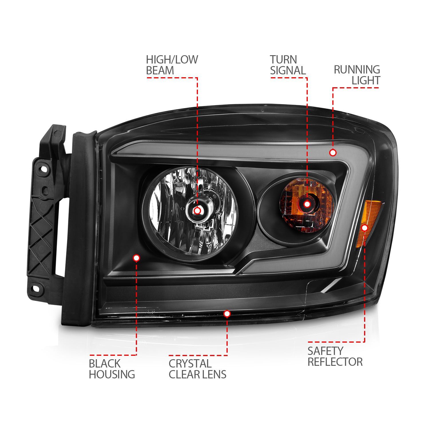 2006-2008 Dodge Ram 1500/2500/3500 Anzo Crystal Headlight W/ Light Bar Black Housing Clear Lens