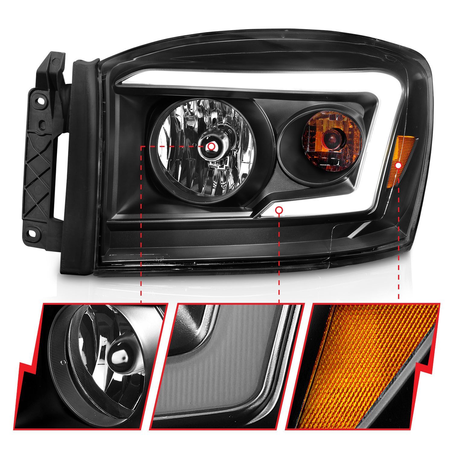 2006-2008 Dodge Ram 1500/2500/3500 Anzo Crystal Headlight W/ Light Bar Black Housing Clear Lens
