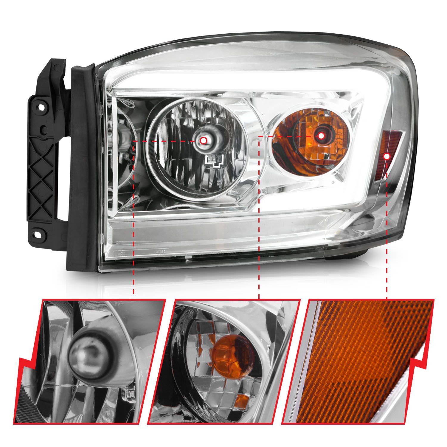 2006-2008 Dodge Ram 1500/2500/3500 Anzo Crystal Headlight W/ Light Bar Chrome Housing Clear Lens