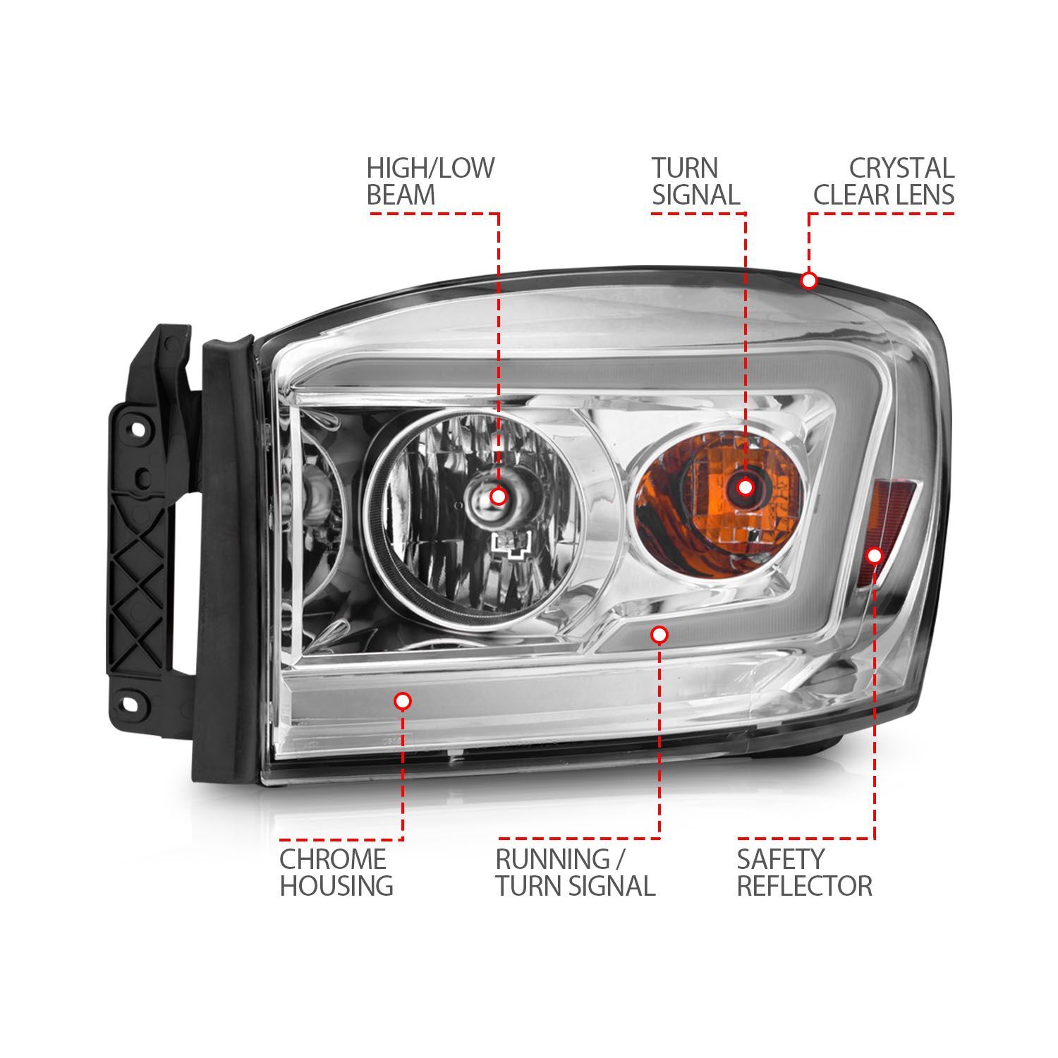 2006-2008 Dodge Ram 1500/2500/3500 Anzo Crystal Headlight W/ Light Bar Chrome Housing Clear Lens