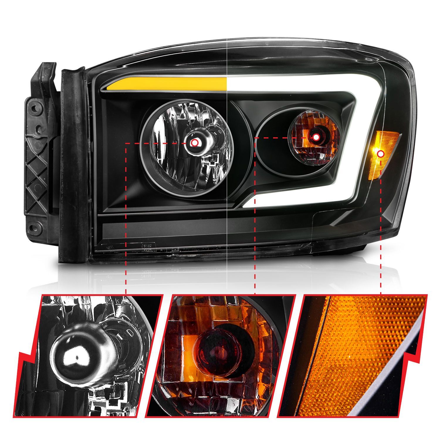 2006-2008 Dodge Ram 1500/2500/3500 Anzo Crystal Headlight W/ Light Bar Switchback Black Housing Clear Lens