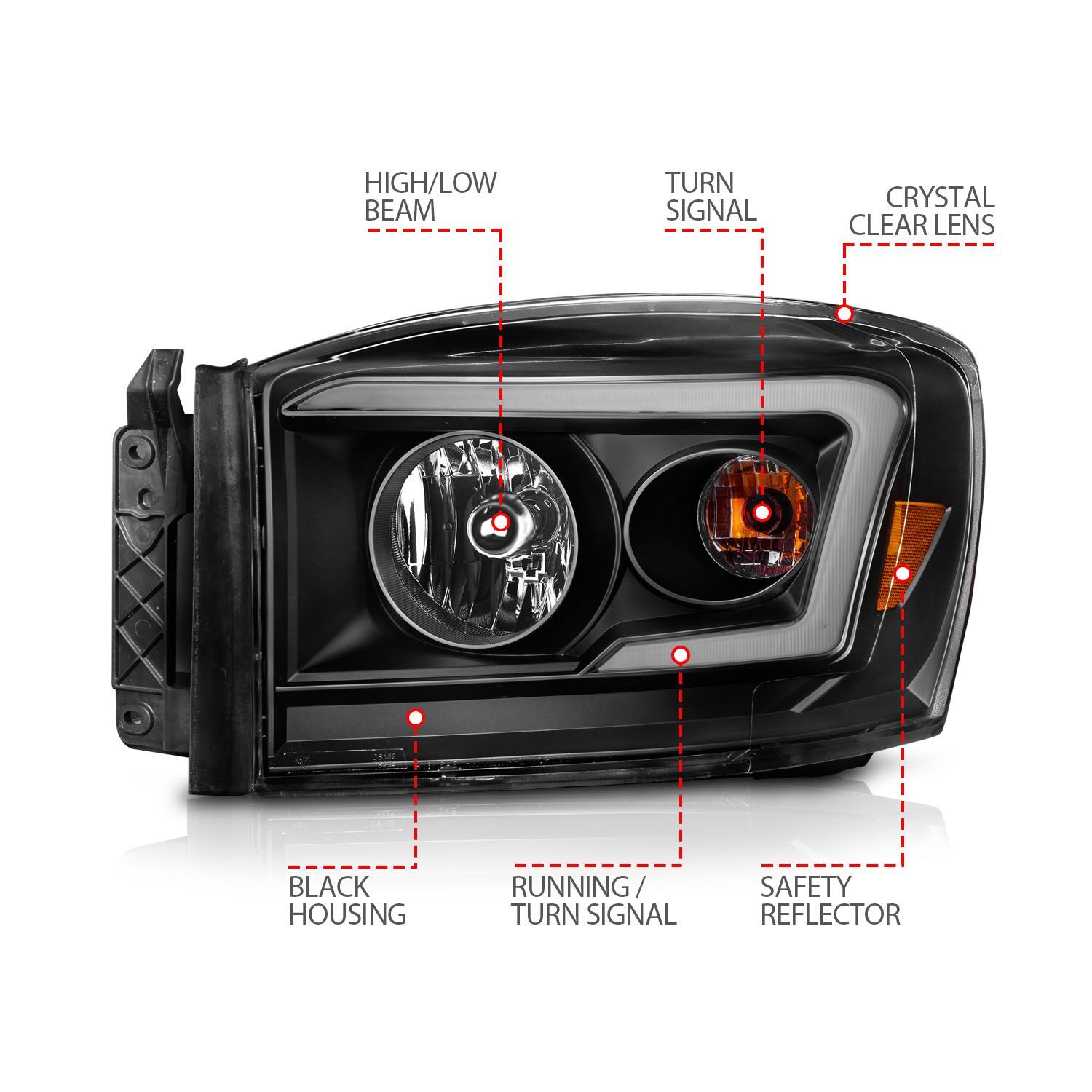 2006-2008 Dodge Ram 1500/2500/3500 Anzo Crystal Headlight W/ Light Bar Switchback Black Housing Clear Lens