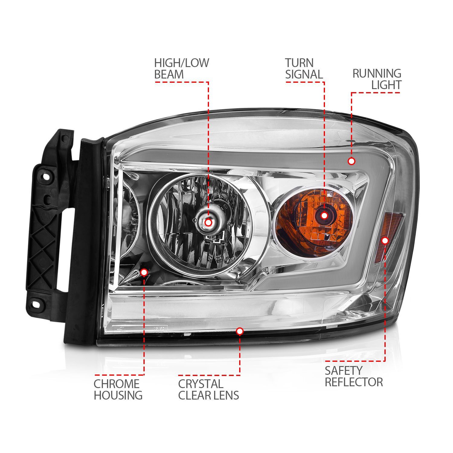 2006-2008 Dodge Ram 1500/2500/3500 Anzo Crystal Headlight W/ Light Bar Switchback Chrome Housing Clear Lens
