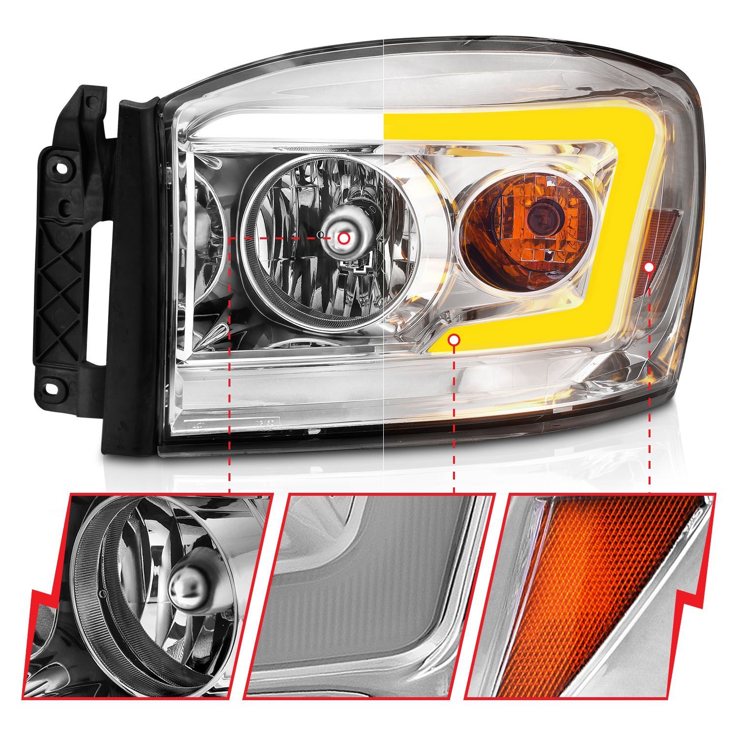 2006-2008 Dodge Ram 1500/2500/3500 Anzo Crystal Headlight W/ Light Bar Switchback Chrome Housing Clear Lens