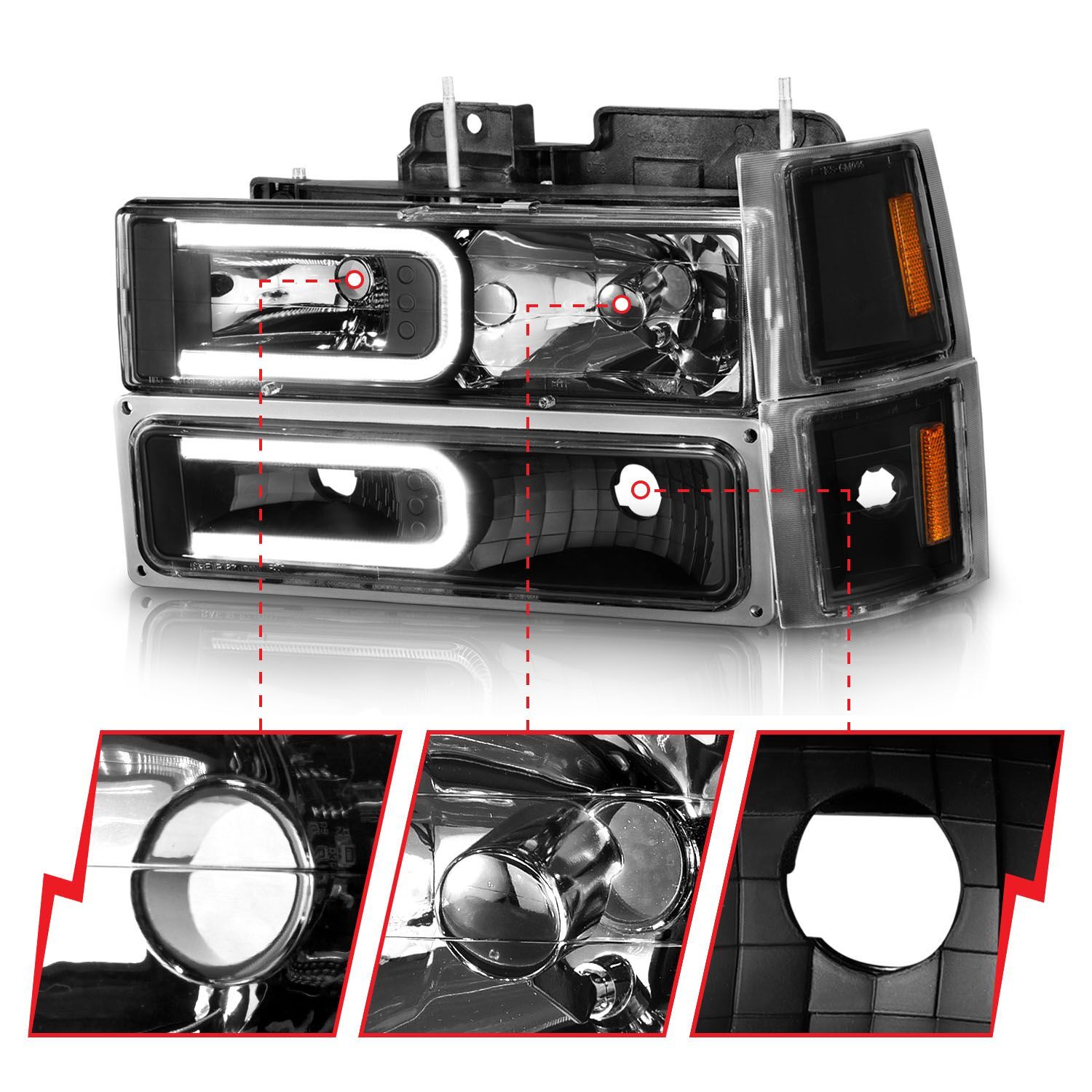 1994-2000 Chevrolet Blazer Full Size/C1500/C2500/C3500/Suburban/Tahoe Anzo Crystal Headlights W/ Light Bar Black Housing W/ Signal & Side Markers 8PC