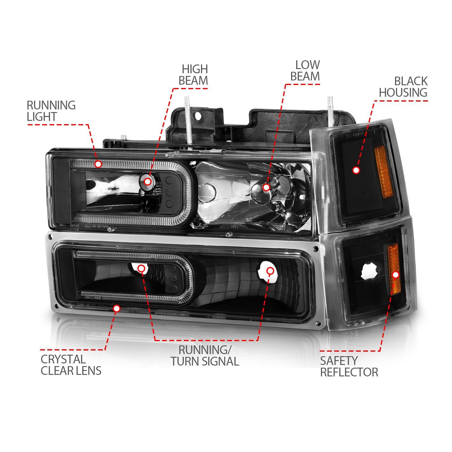1994-2000 Chevrolet Blazer Full Size/C1500/C2500/C3500/Suburban/Tahoe Anzo Crystal Headlights W/ Light Bar Black Housing W/ Signal & Side Markers 8PC