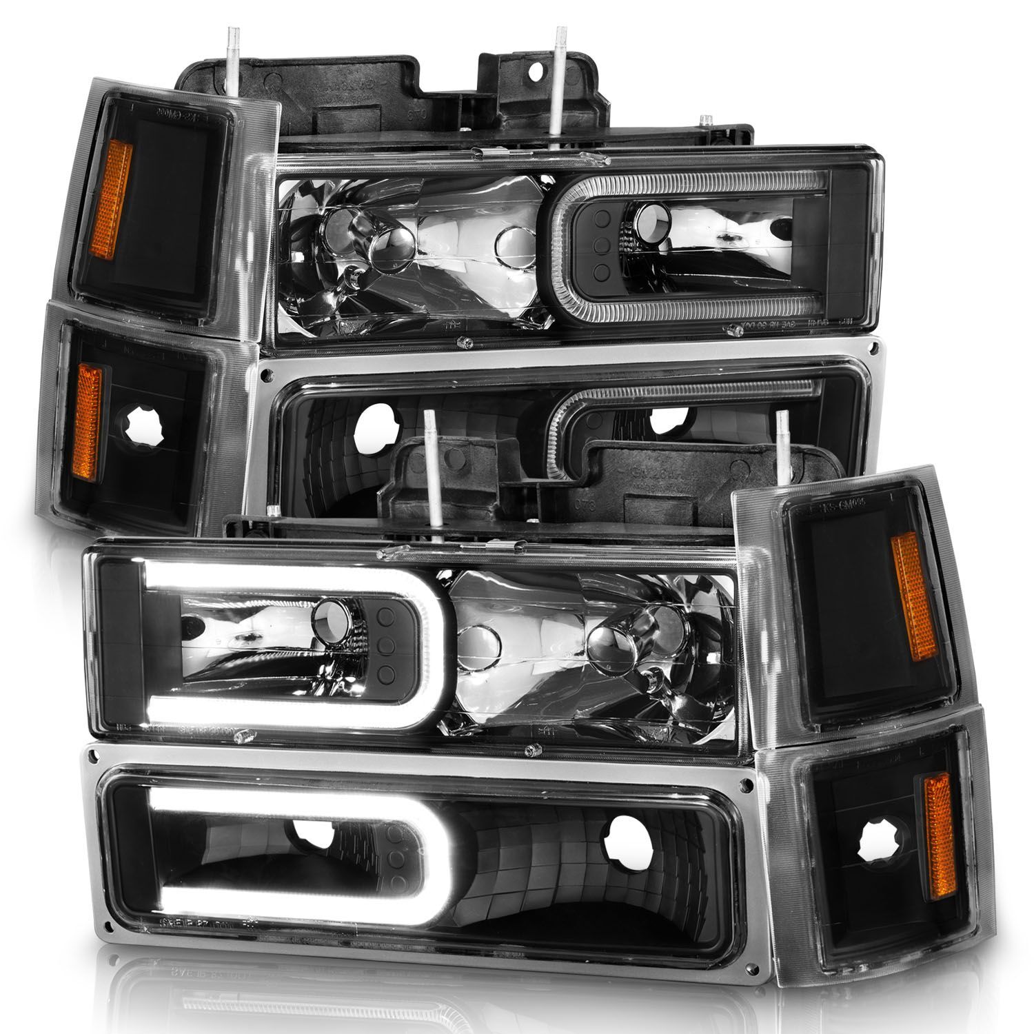1994-2000 Chevrolet Blazer Full Size/C1500/C2500/C3500/Suburban/Tahoe Anzo Crystal Headlights W/ Light Bar Black Housing W/ Signal & Side Markers 8PC - 111528
