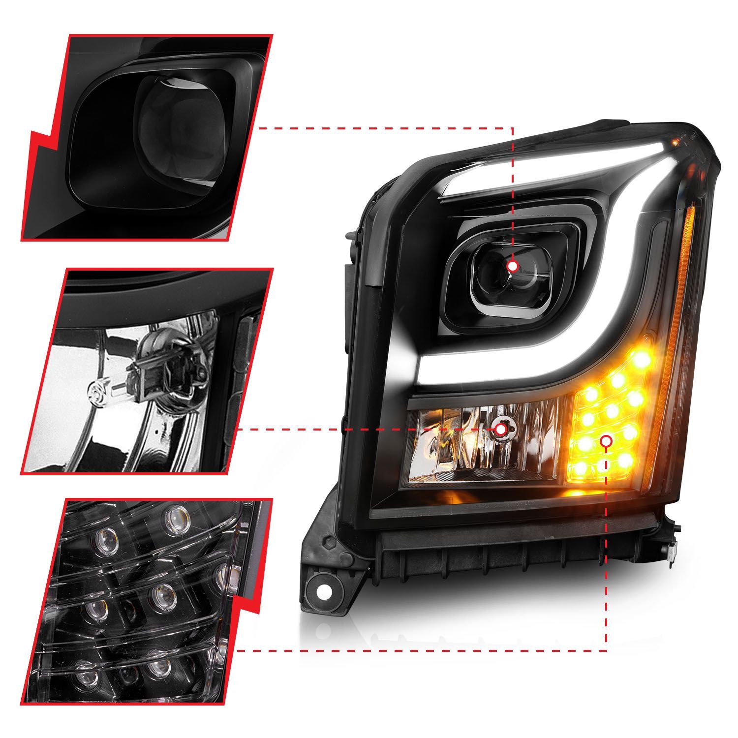 2015-2020 GMC Yukon XL Anzo Projector Headlights W/ Light Bar Balck Housing