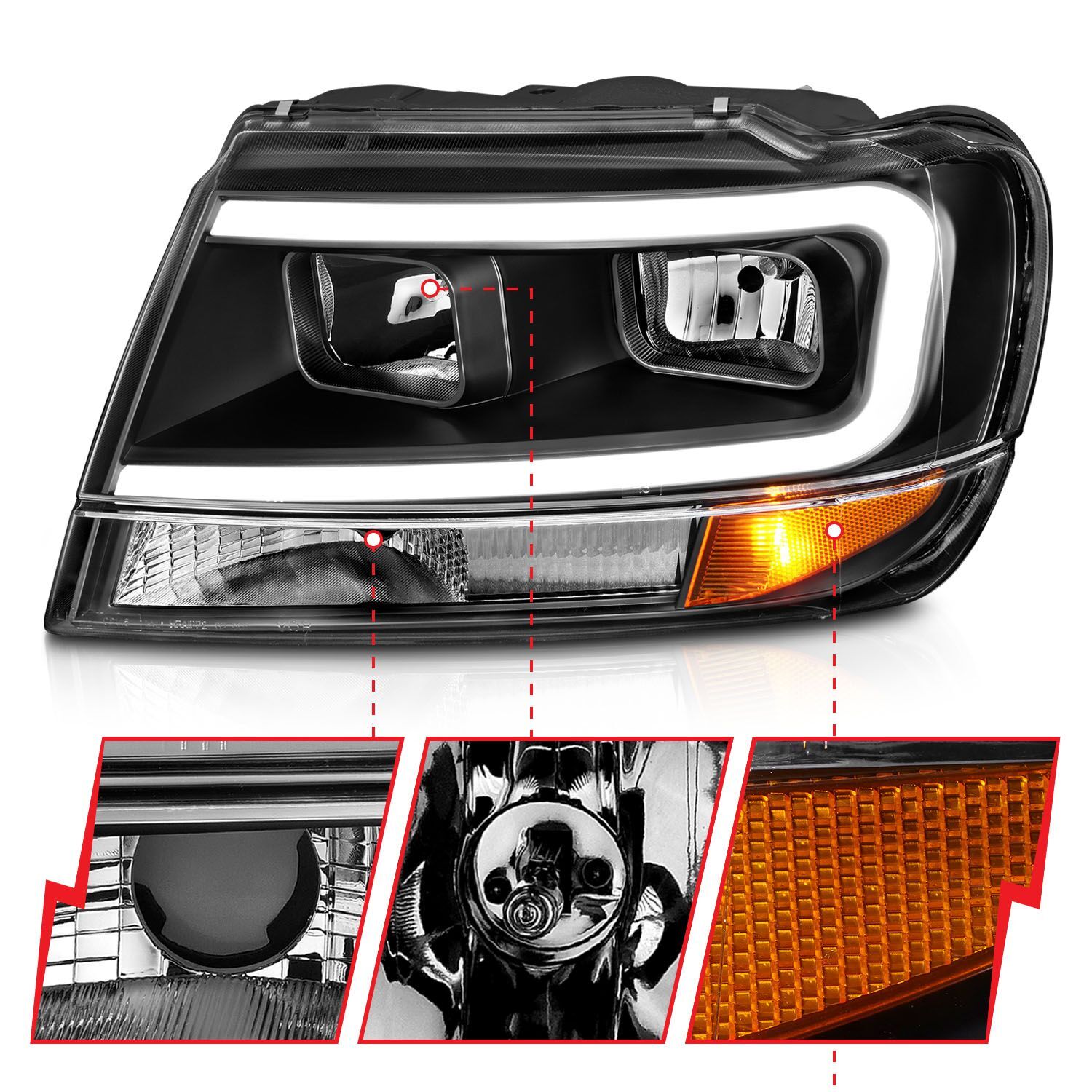 1999-2004 Jeep Grand Cherokee Anzo Crystal Headlights W/ Light Bar Black Housing