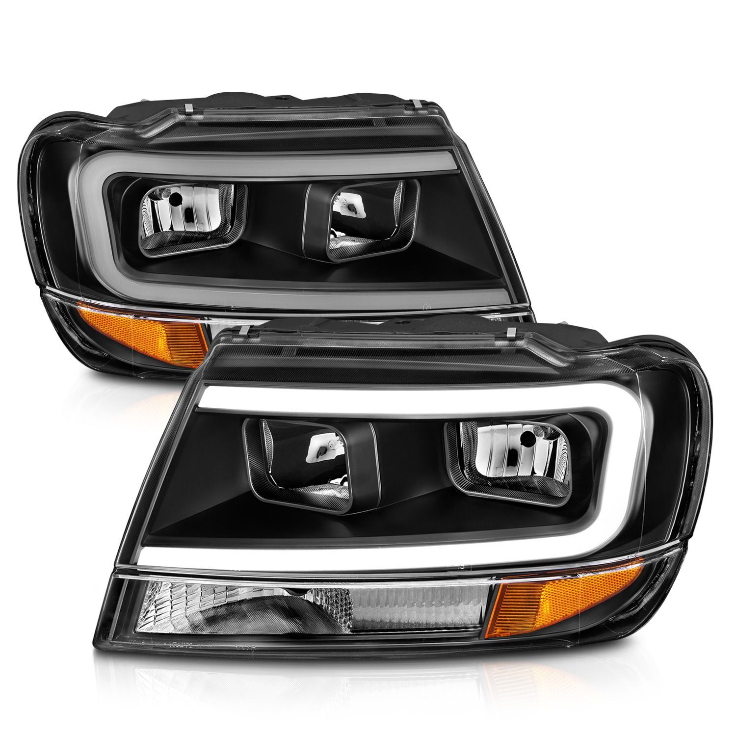 1999-2004 Jeep Grand Cherokee Anzo Crystal Headlights W/ Light Bar Black Housing - 111537