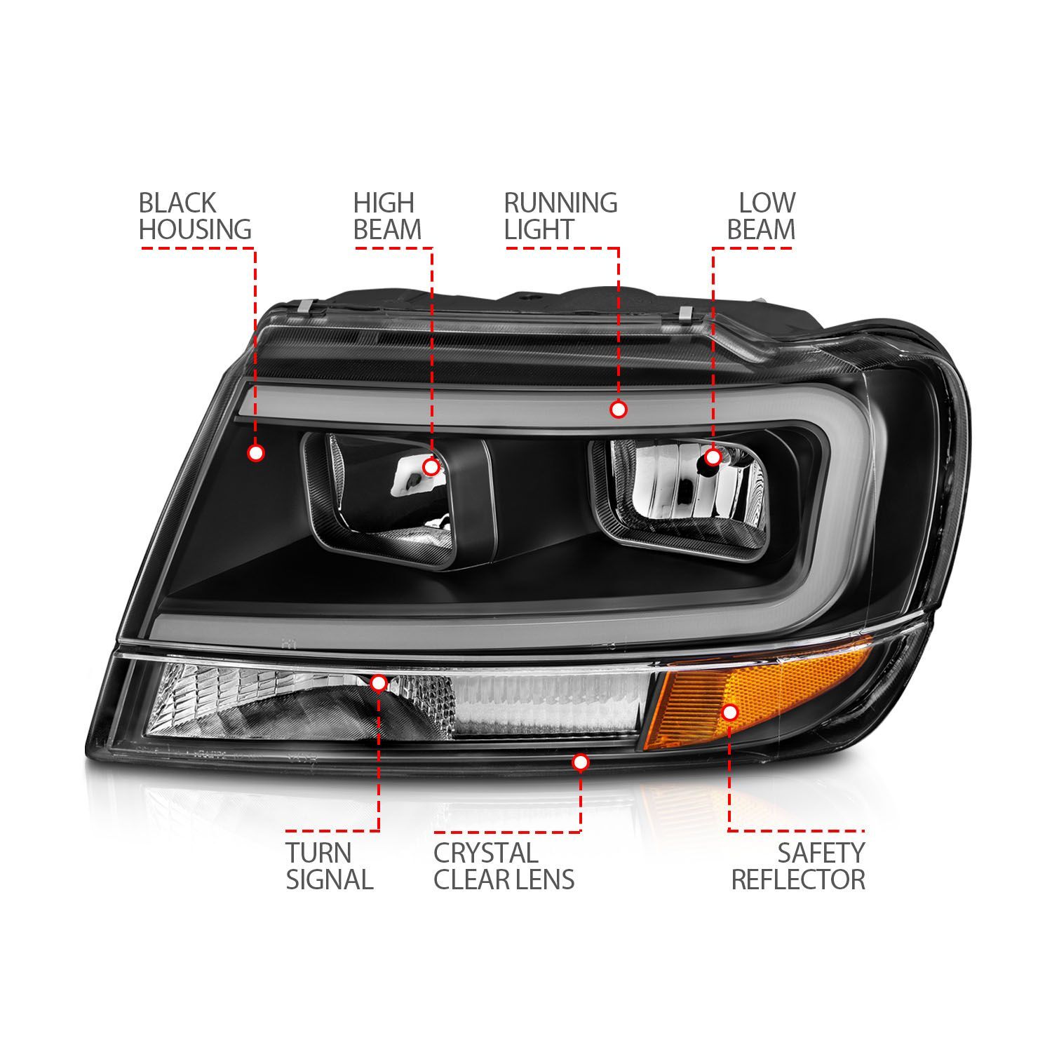 1999-2004 Jeep Grand Cherokee Anzo Crystal Headlights W/ Light Bar Black Housing