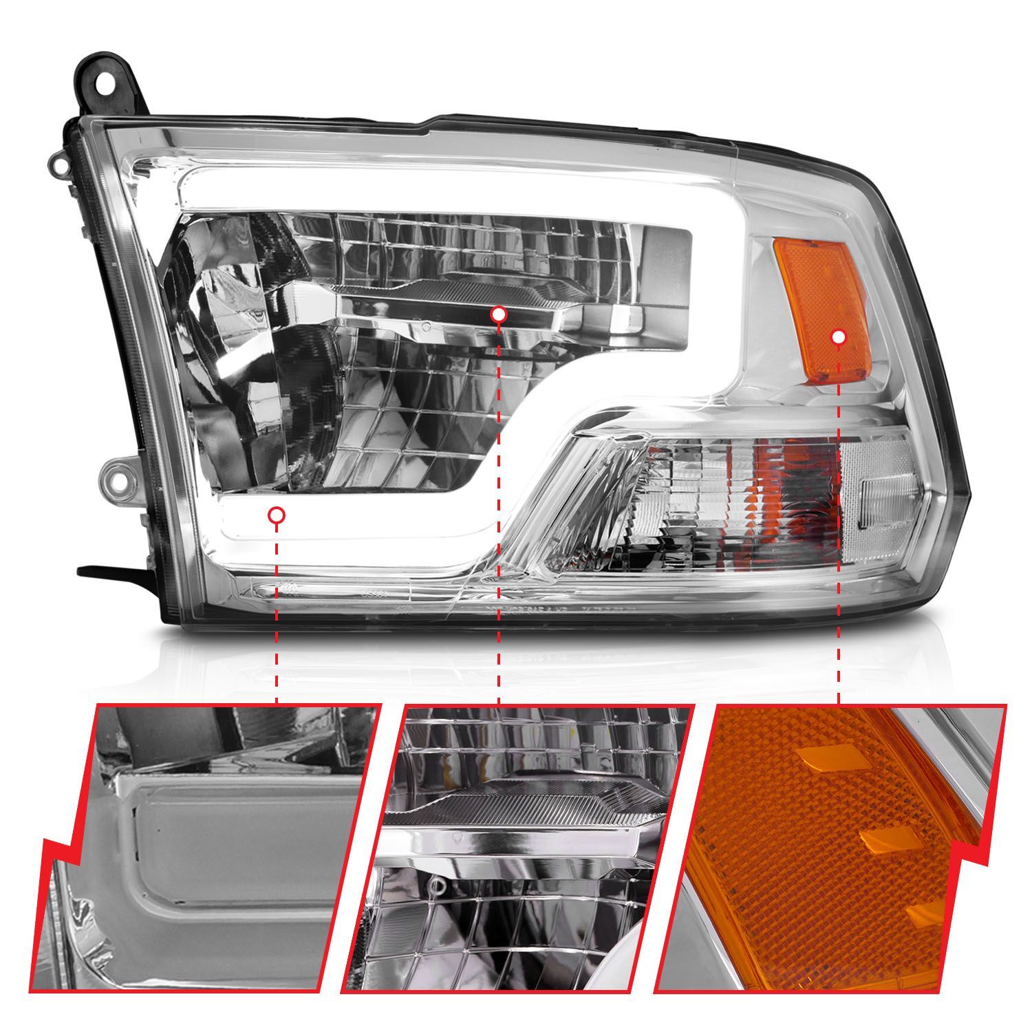 2009-2020 Dodge Ram 1500/2500/3500 Anzo Full LED Square Projector Headlights W/ Light Bar Chrome Housing