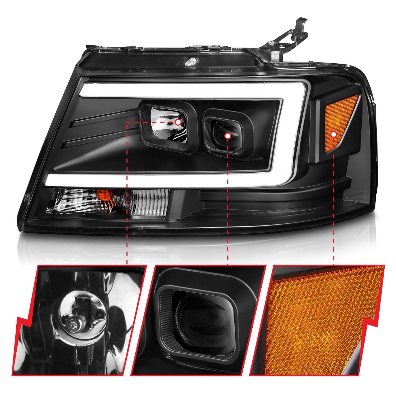 2004-2008 Ford F-150 Anzo Projector Headlights W/ Light Bar Balck Housing