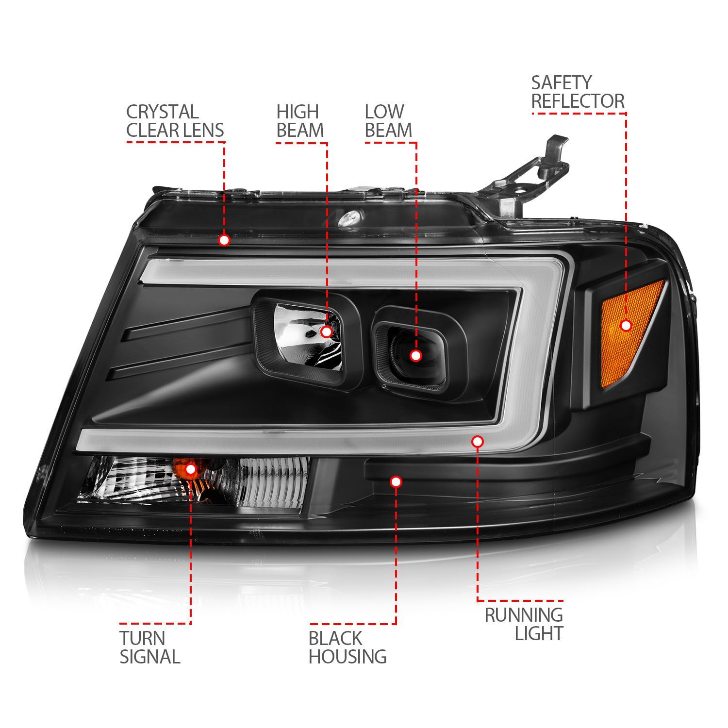 2004-2008 Ford F-150 Anzo Projector Headlights W/ Light Bar Balck Housing