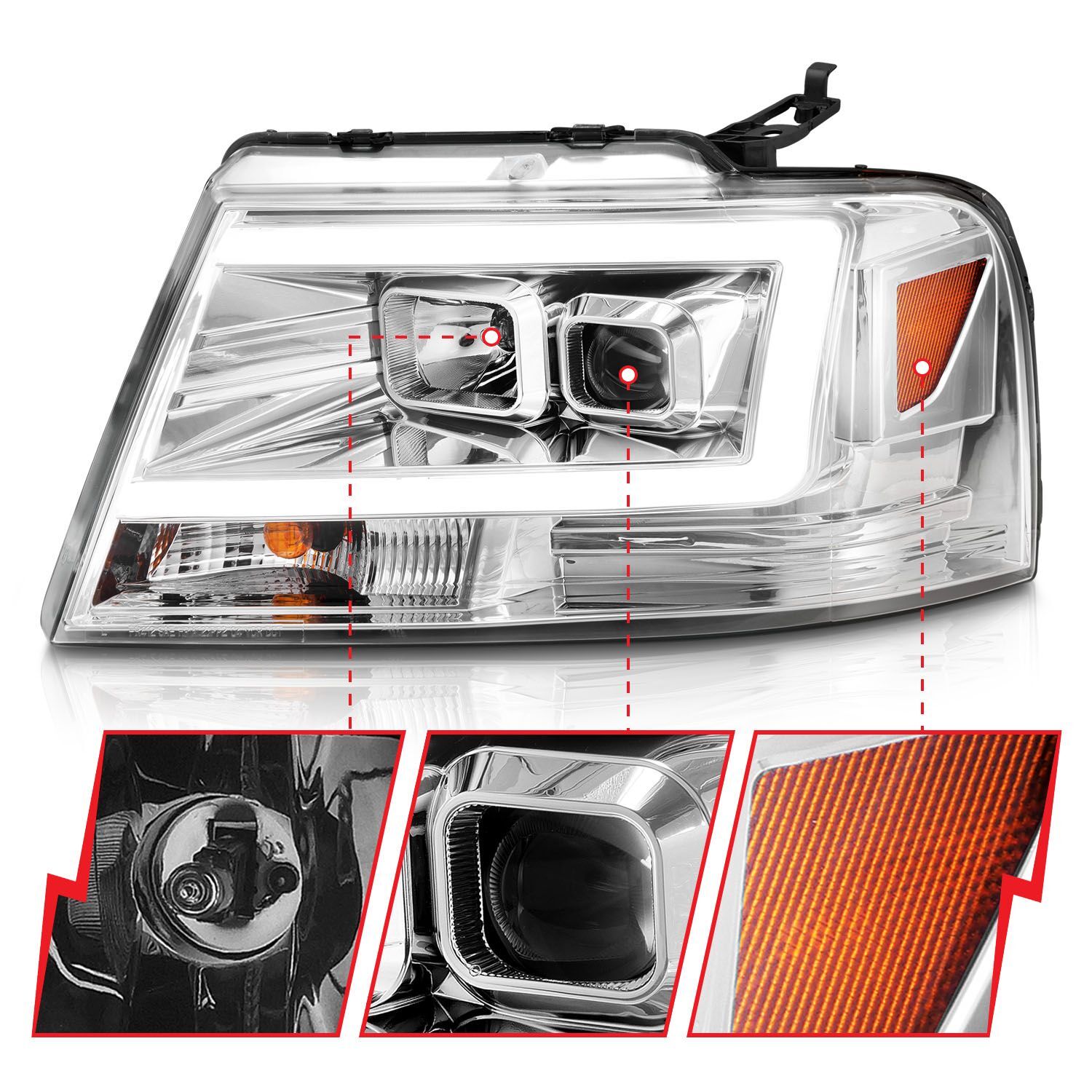 2004-2008 Ford F-150 Anzo Projector Headlights W/ Light Bar Chrome Housing
