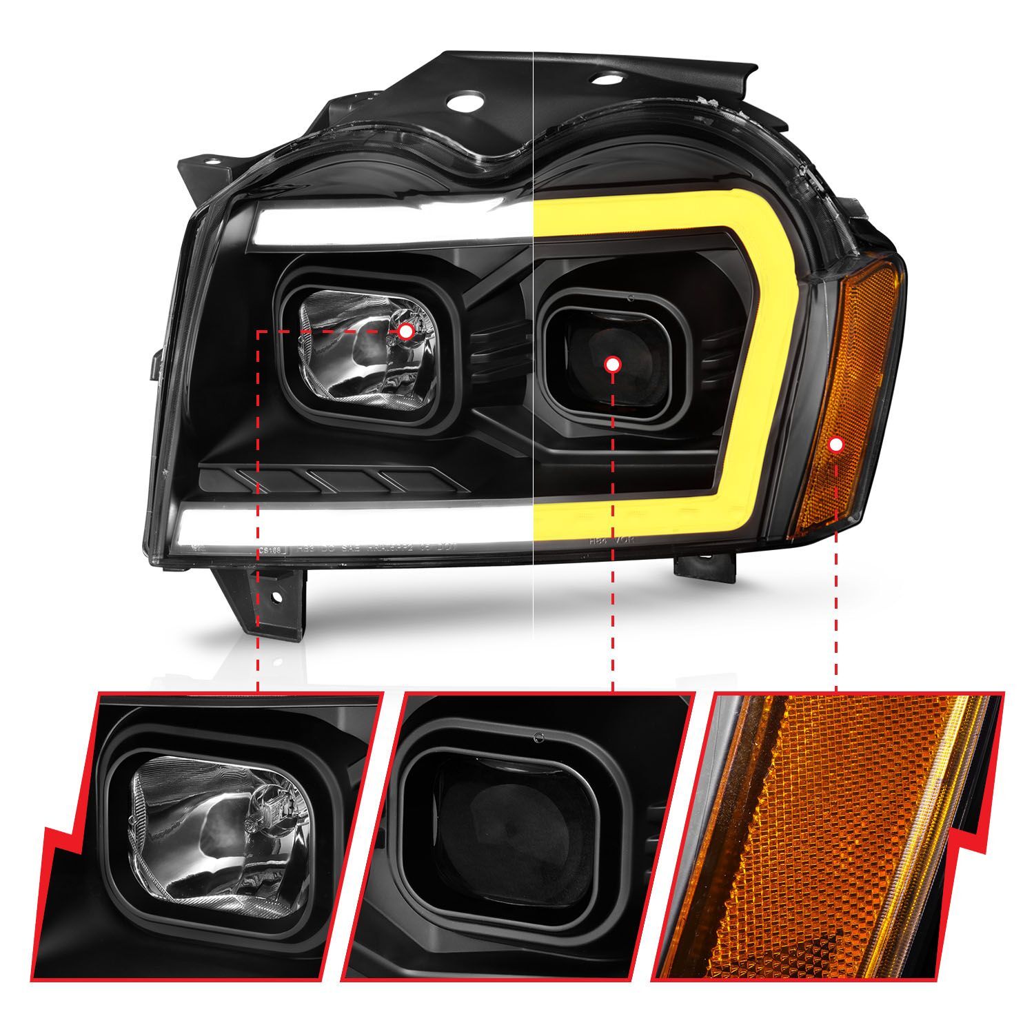 2005-2007 Jeep Grand Cherokee Anzo Projector Headlights W/ Light Bar Switchback Black Housing