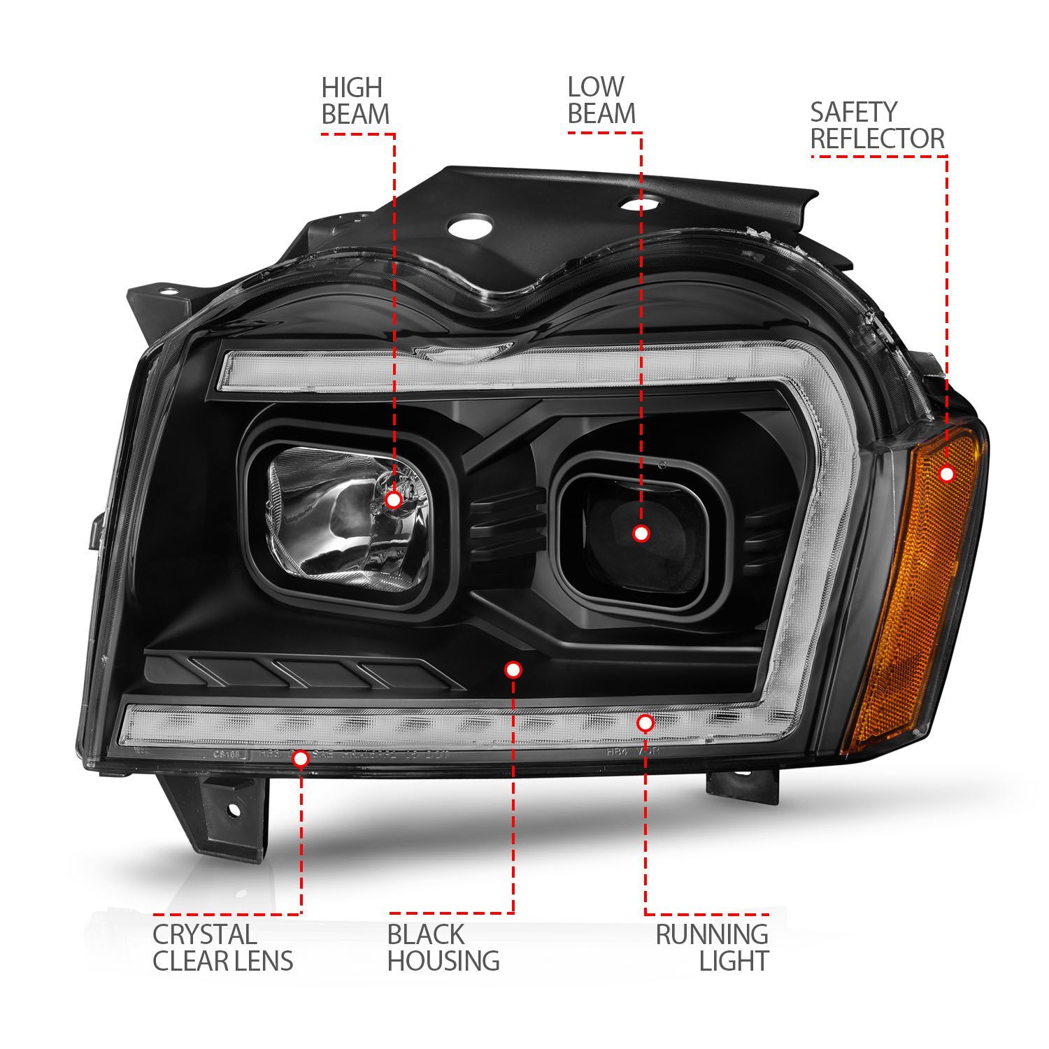 2005-2007 Jeep Grand Cherokee Anzo Projector Headlights W/ Light Bar Switchback Black Housing