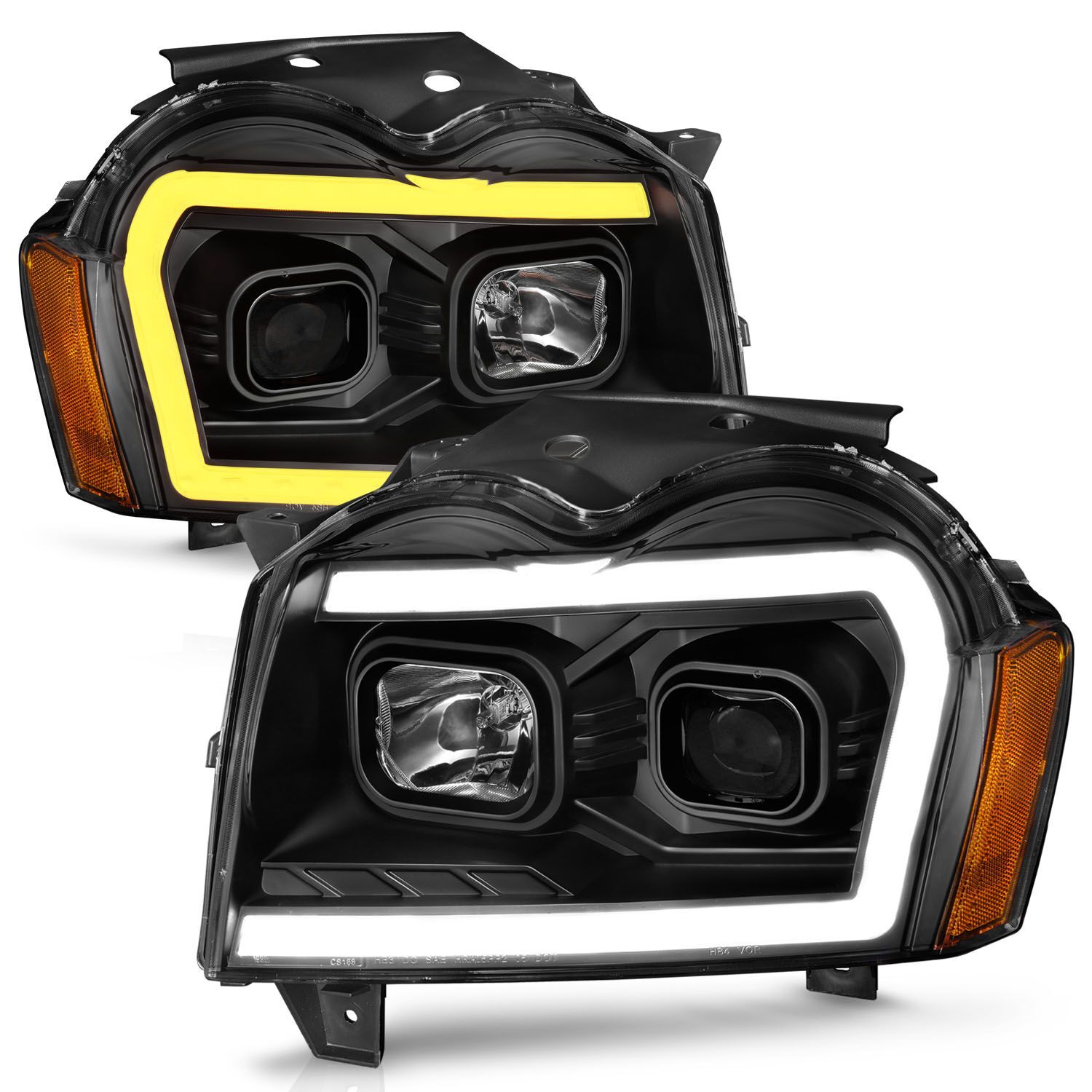 2005-2007 Jeep Grand Cherokee Anzo Projector Headlights W/ Light Bar Switchback Black Housing - 111543