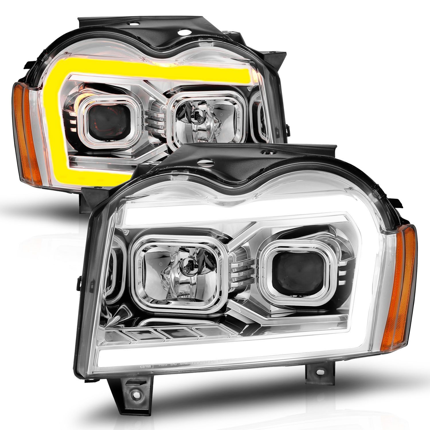 2005-2007 Jeep Grand Cherokee Anzo Projector Headlights W/ Light Bar Switchback Chrome Housing - 111544