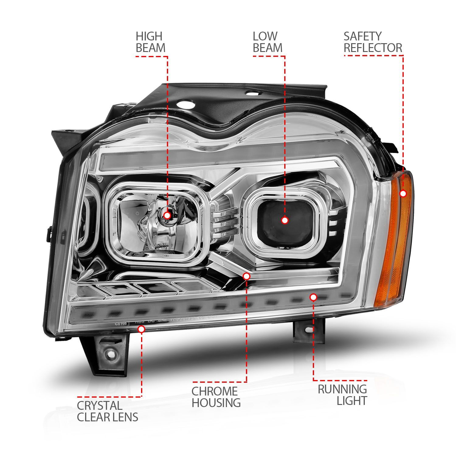 2005-2007 Jeep Grand Cherokee Anzo Projector Headlights W/ Light Bar Switchback Chrome Housing