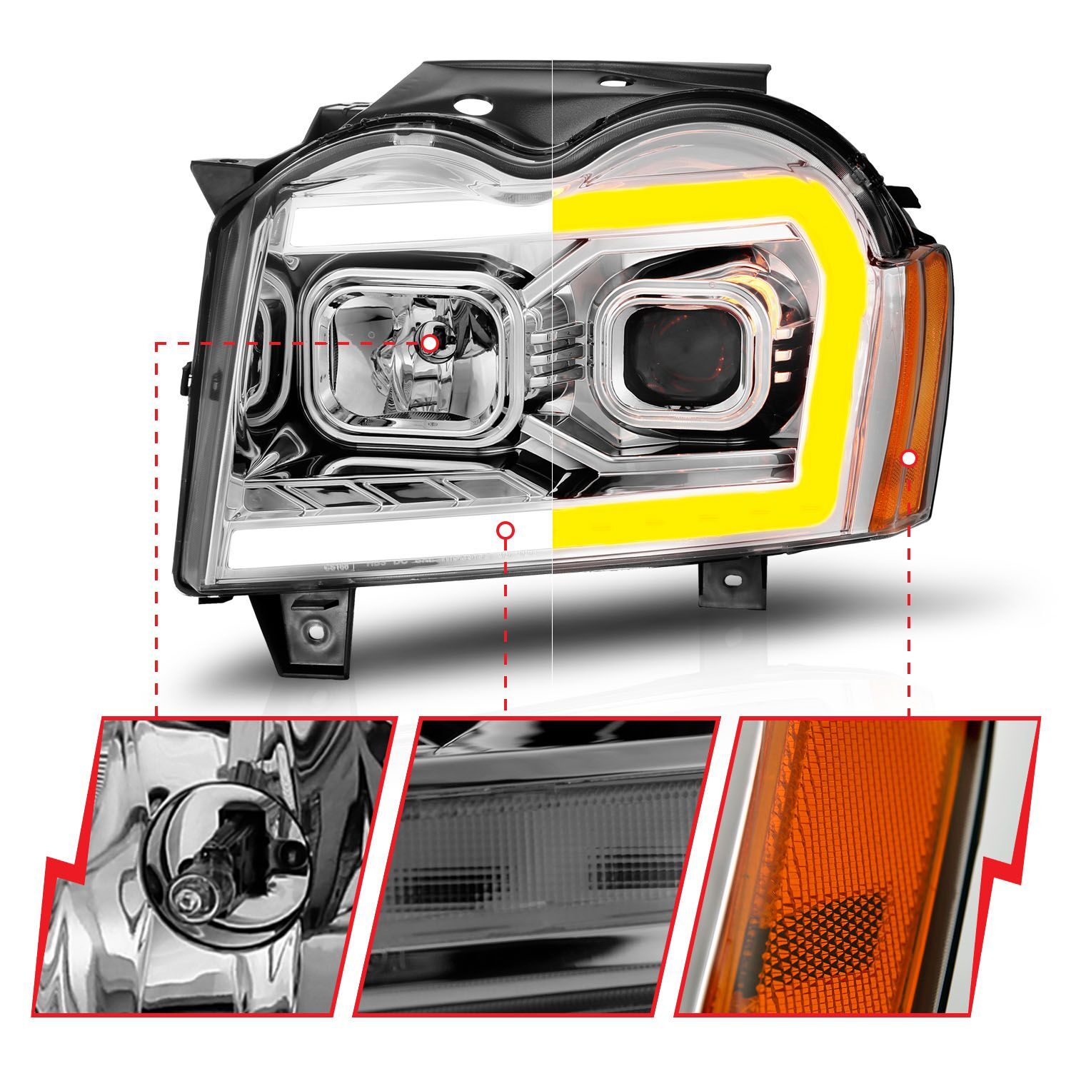 2005-2007 Jeep Grand Cherokee Anzo Projector Headlights W/ Light Bar Switchback Chrome Housing