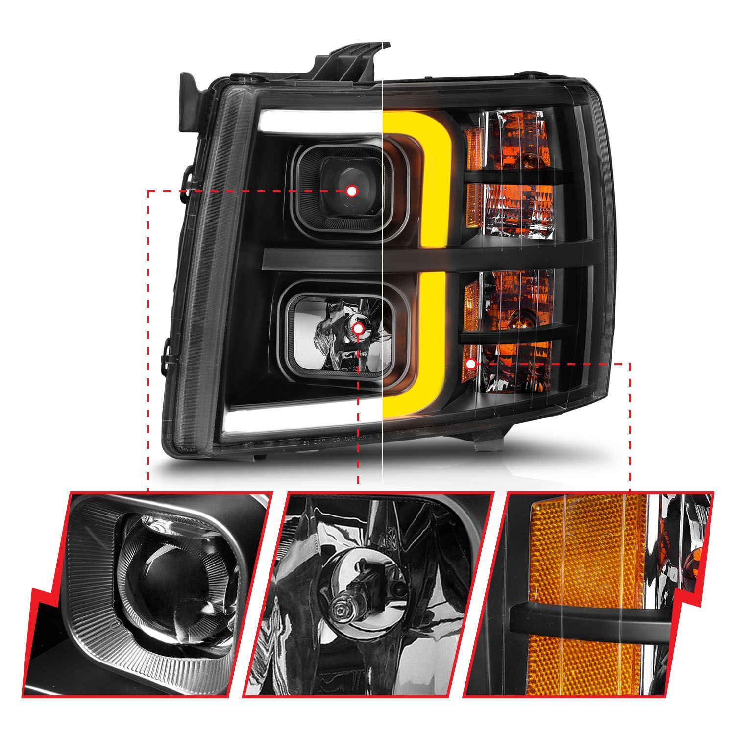 2007-2013 Chevrolet Silverado 1500/2500/3500 Anzo Projector W/ Light Bar Black Housing W/ Sequential