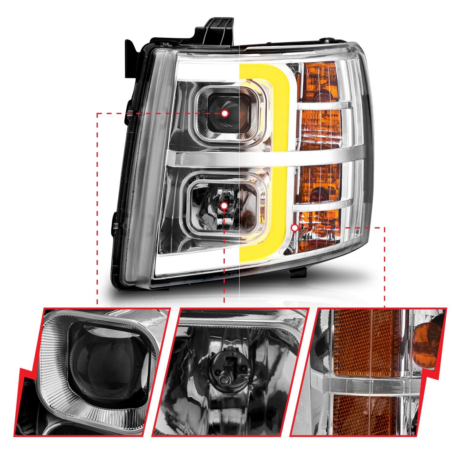 2007-2013 Chevrolet Silverado 1500/2500/3500 Anzo Projector W/ Light Bar Chrome Housing W/ Sequential