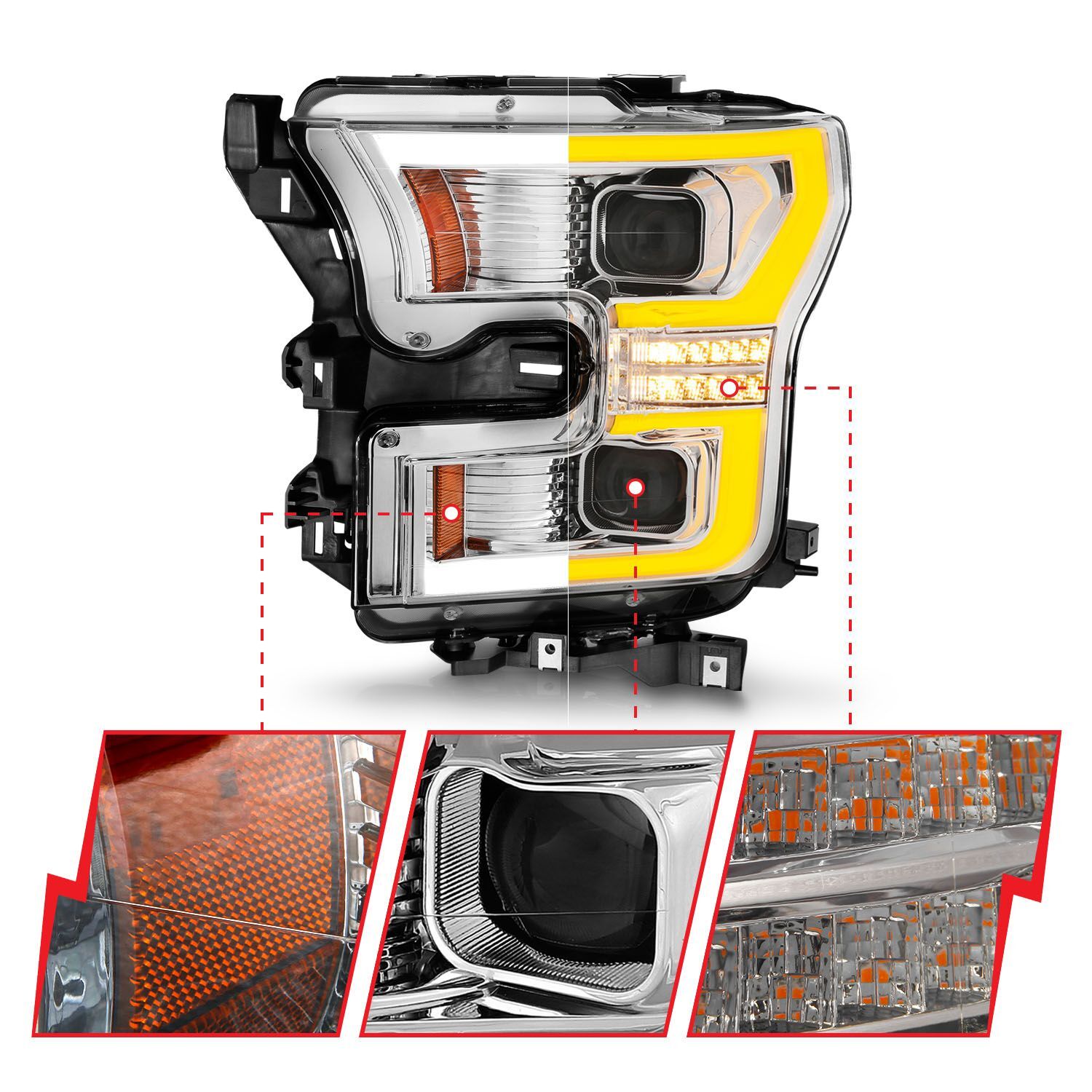 2015-2017 Ford F-150 Anzo Full LED Projector Headlights W/ Light Bar Switchback Chrome Housing