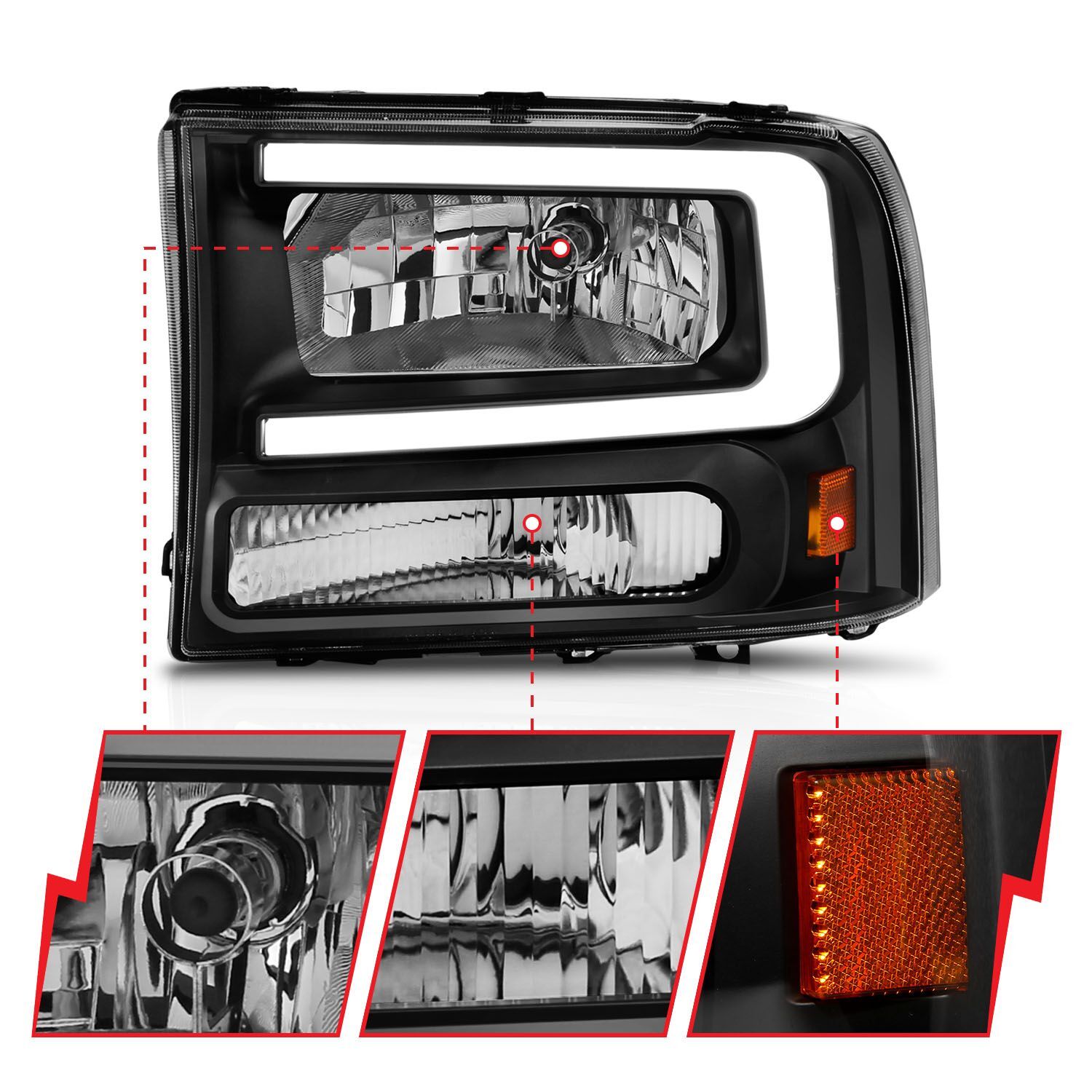 1999-2004 Ford Excursion/F-250/F-350/F-450 Super Duty Anzo Crystal Headlights W/ Light Bar Black Housing
