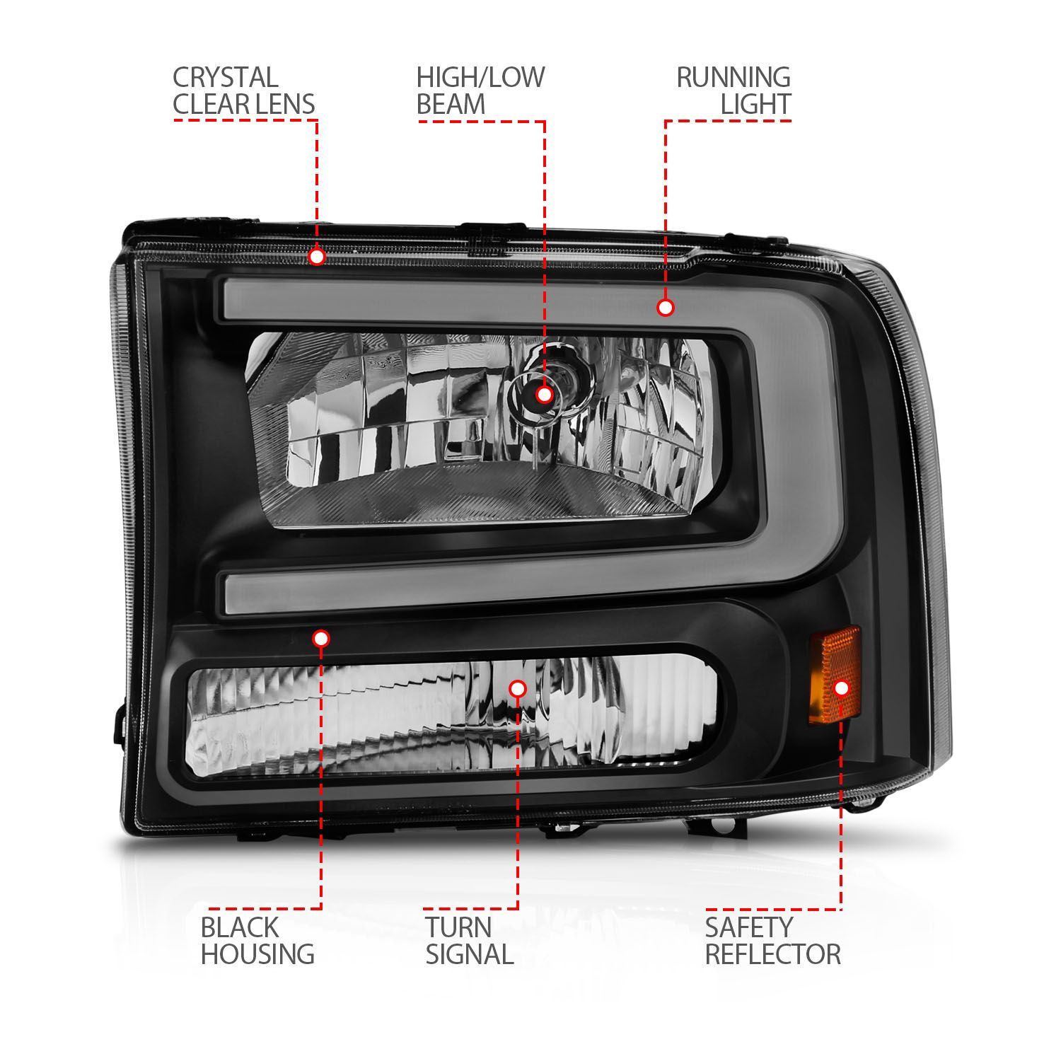 1999-2004 Ford Excursion/F-250/F-350/F-450 Super Duty Anzo Crystal Headlights W/ Light Bar Black Housing