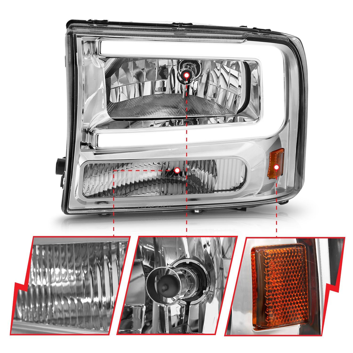 1999-2004 Ford Excursion/F-250/F-350/F-450 Super Duty Anzo Crystal Headlights W/ Light Bar Chrome Housing