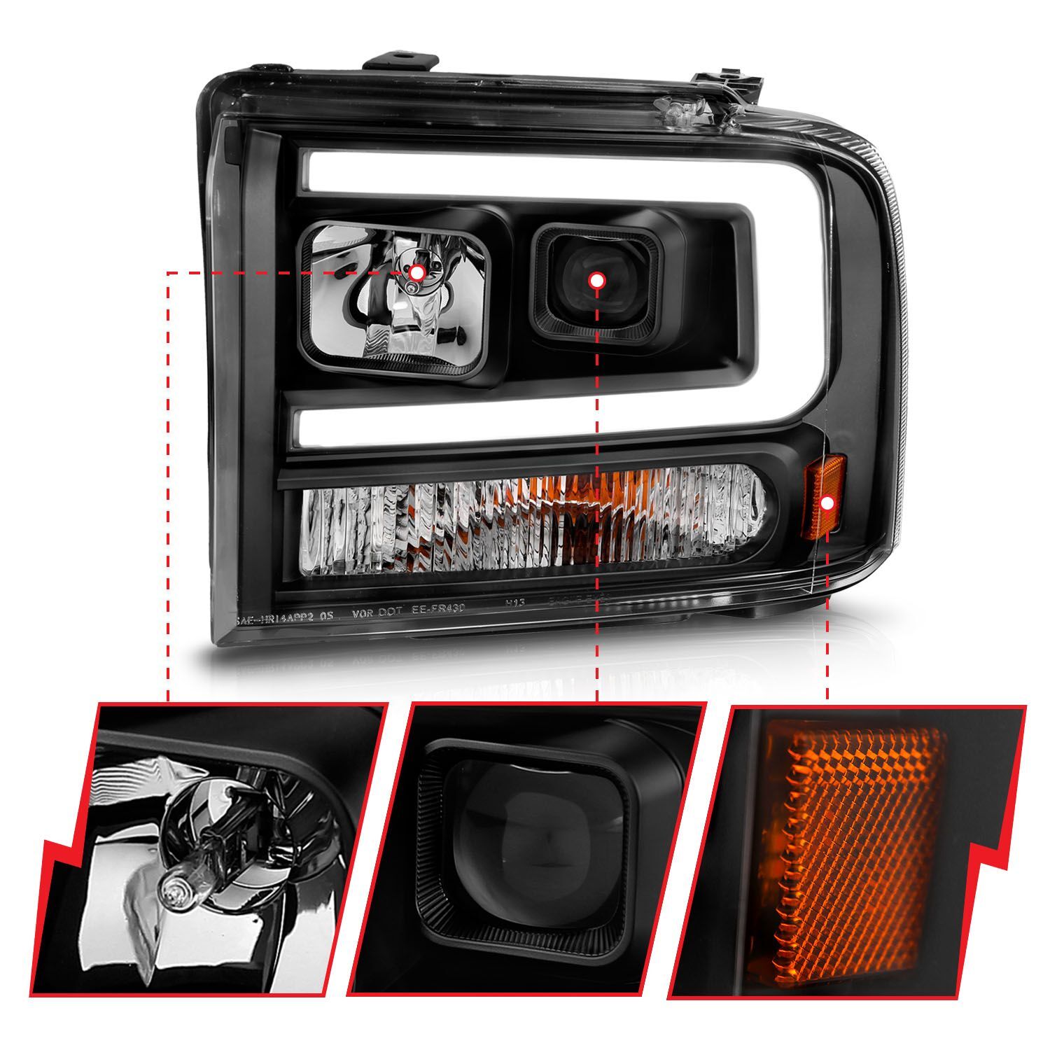2005-2007 Ford Excursion/F-250/F-350/F-450/F-550 Super Duty Anzo Projector Headlights W/ Light Bar Black Housing