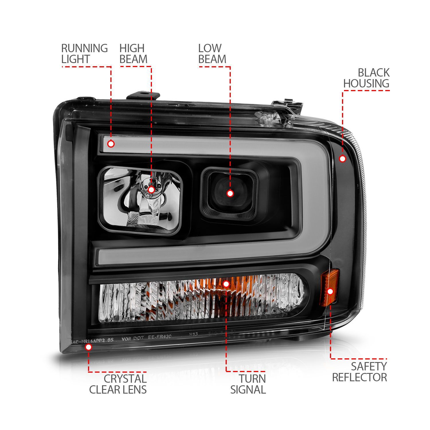 2005-2007 Ford Excursion/F-250/F-350/F-450/F-550 Super Duty Anzo Projector Headlights W/ Light Bar Black Housing